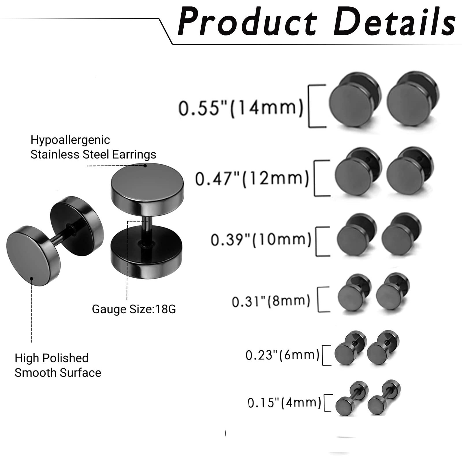 Aroncent 6 Pairs 4-14Mm Black Earrings For Men Women Fake Gauges Fake Earrings Stainless Steel Earrings Set