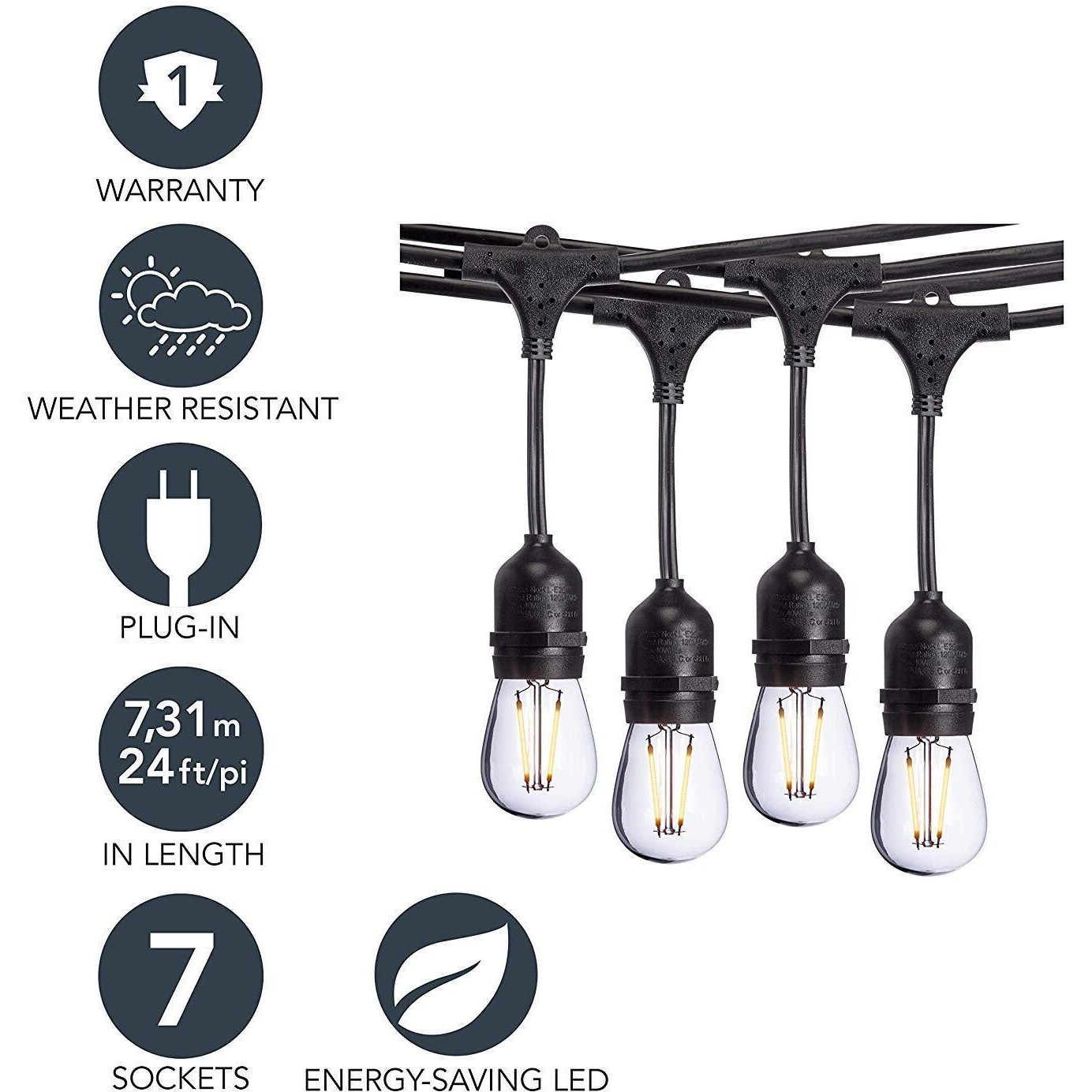Sterno Home 48-Ft Vintage-Style Waterproof Outdoor Led String Lights - Hanging Edison Bulbs On Black Rubberized Cord - For Backyard, Weddings, Patio, Porch, And More.