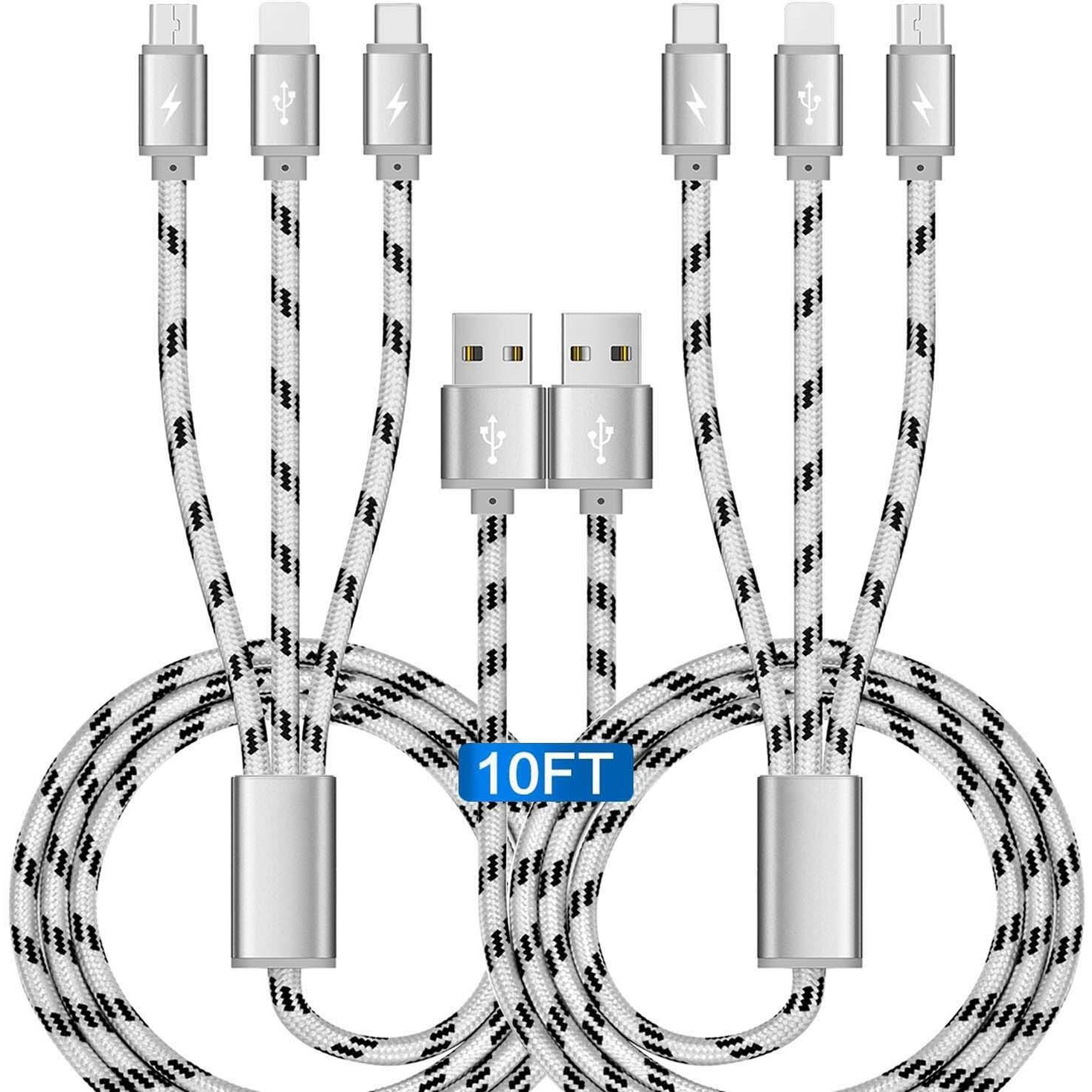 10Ft Multi Charging Cable 3A 2Pcs 3 In 1 Braided Usb Fast Charger Cable With Ip/Micro Usb/Type C Adapter Port For Cell Phones/Ip 13 12 11 Xs X Xr 8 7 6/Samsung Galaxy/Pixel/Lg/Tablet/Htc/Sony And More