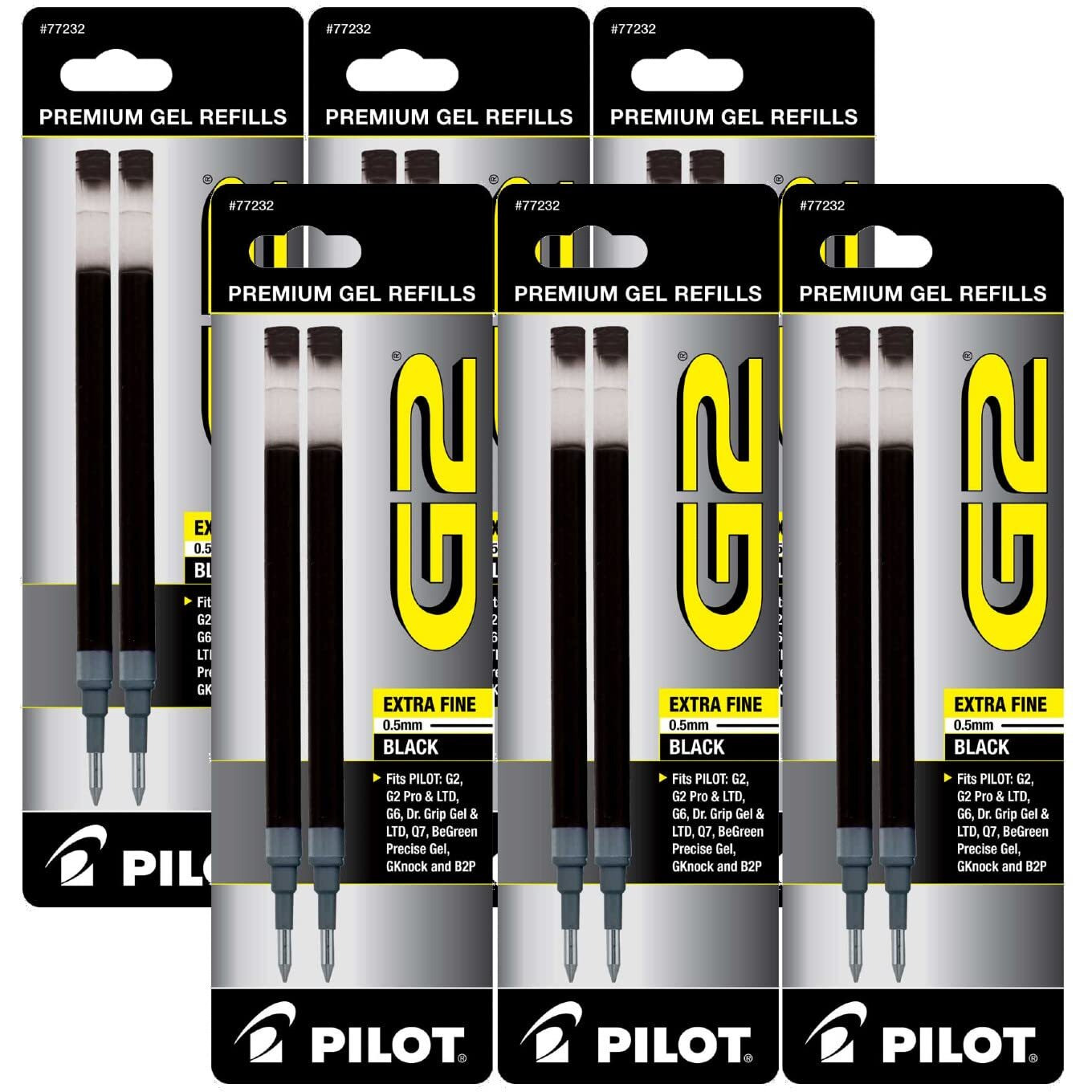 Pilot G2 Gel Ink Refill For Rolling Ball Pens, Extra Fine Point, Black Ink (Pil77232-6Packs)