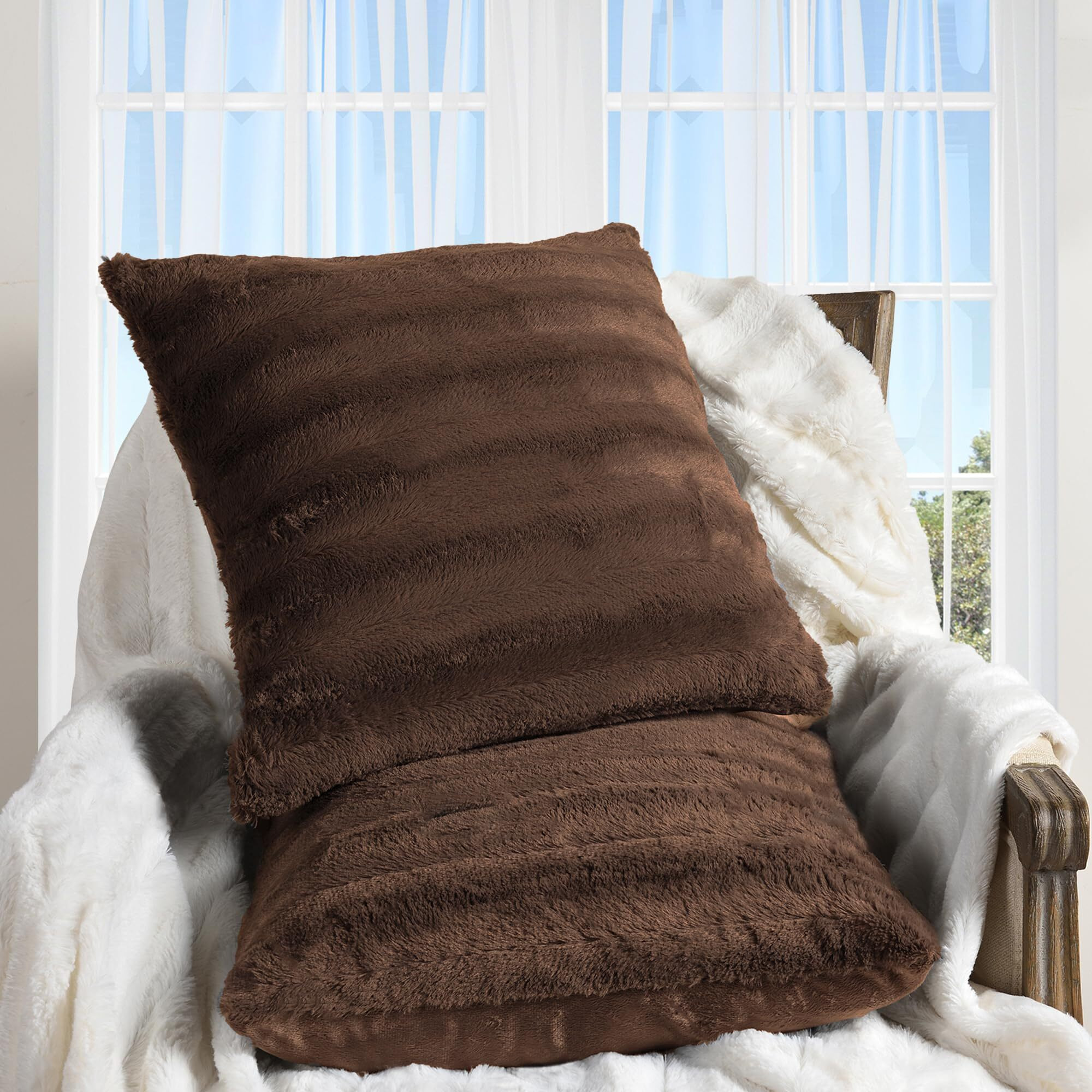Cheer Collection Faux Fur Throw Pillows - Decorative Pillows For Couch, Bed Throw Pillows, Chocolate Accent Pillows For Bedroom Or Living Room Aesthetic, Set Of 2 Furry Throw Pillows, 18   X18