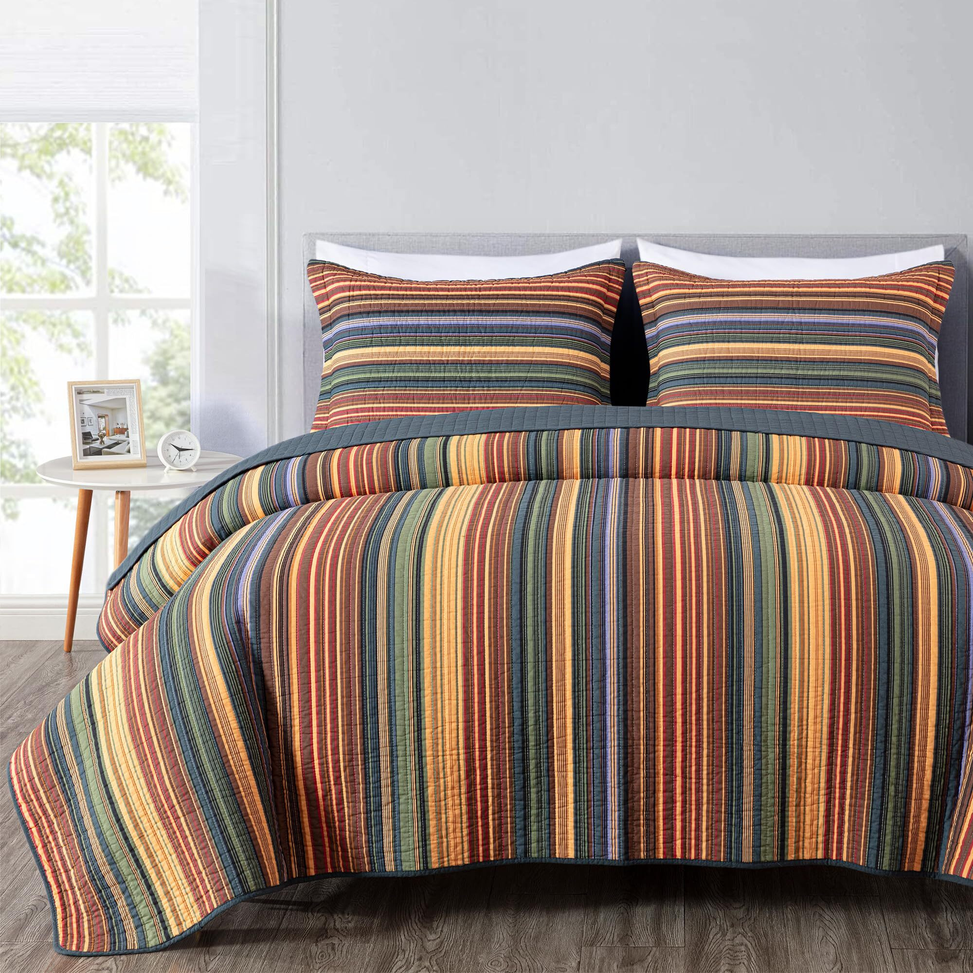 Chezmoi Collection Avery 3-Piece Multi-Color Striped 100% Washed Cotton Quilt Set Queen Size