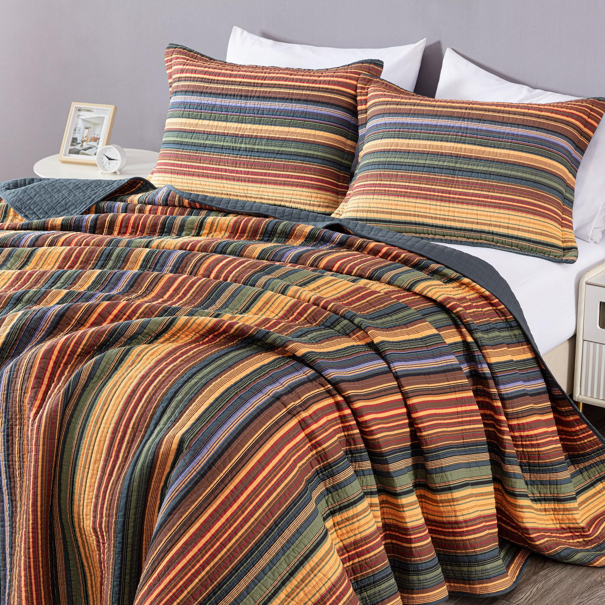 Chezmoi Collection Avery 3-Piece Multi-Color Striped 100% Washed Cotton Quilt Set Queen Size