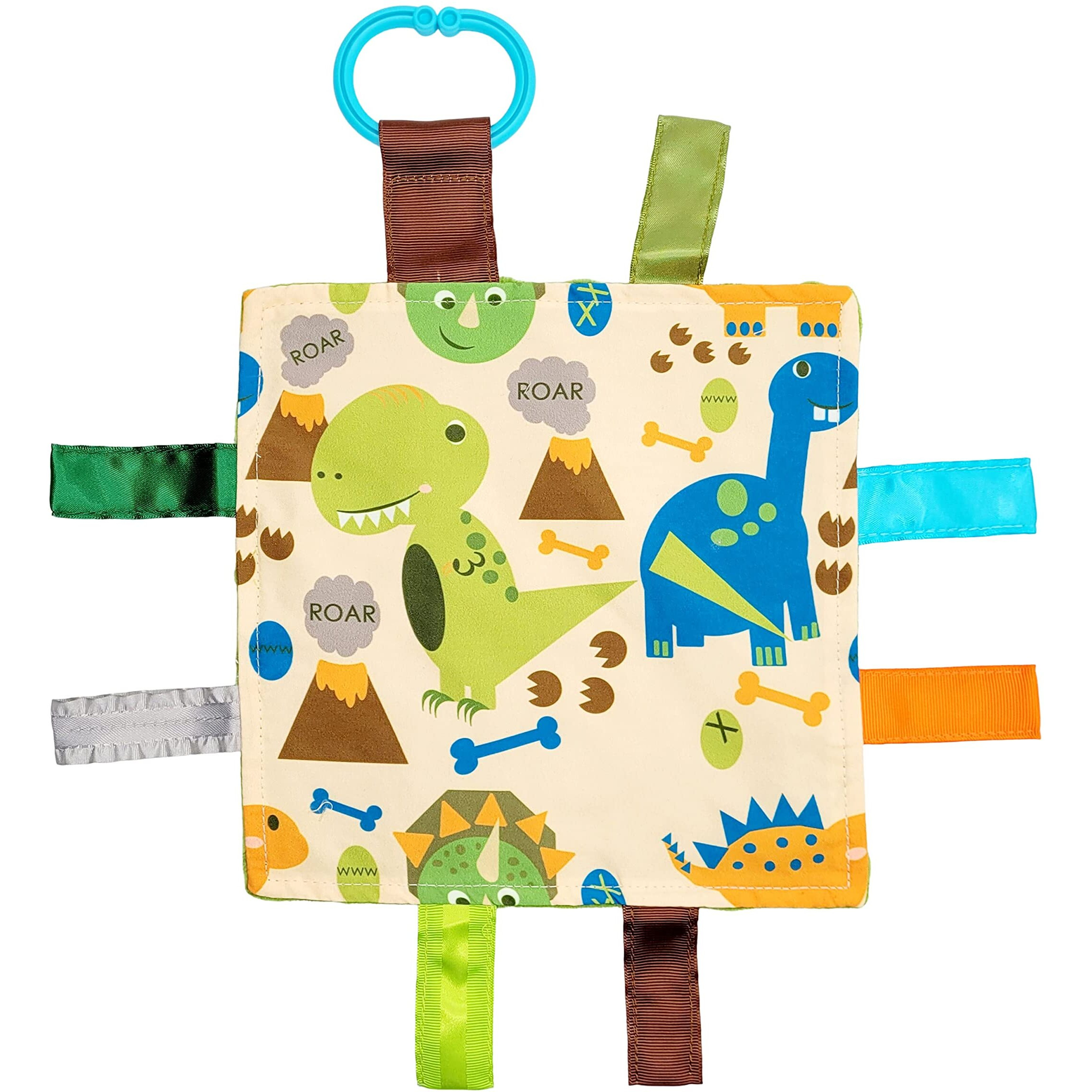 Baby Sensory Crinkle & Teething Square Lovey Toy With Closed Ribbon Tags For Increased Stimulation 8"&quotX8"" (Dinosaurs)
