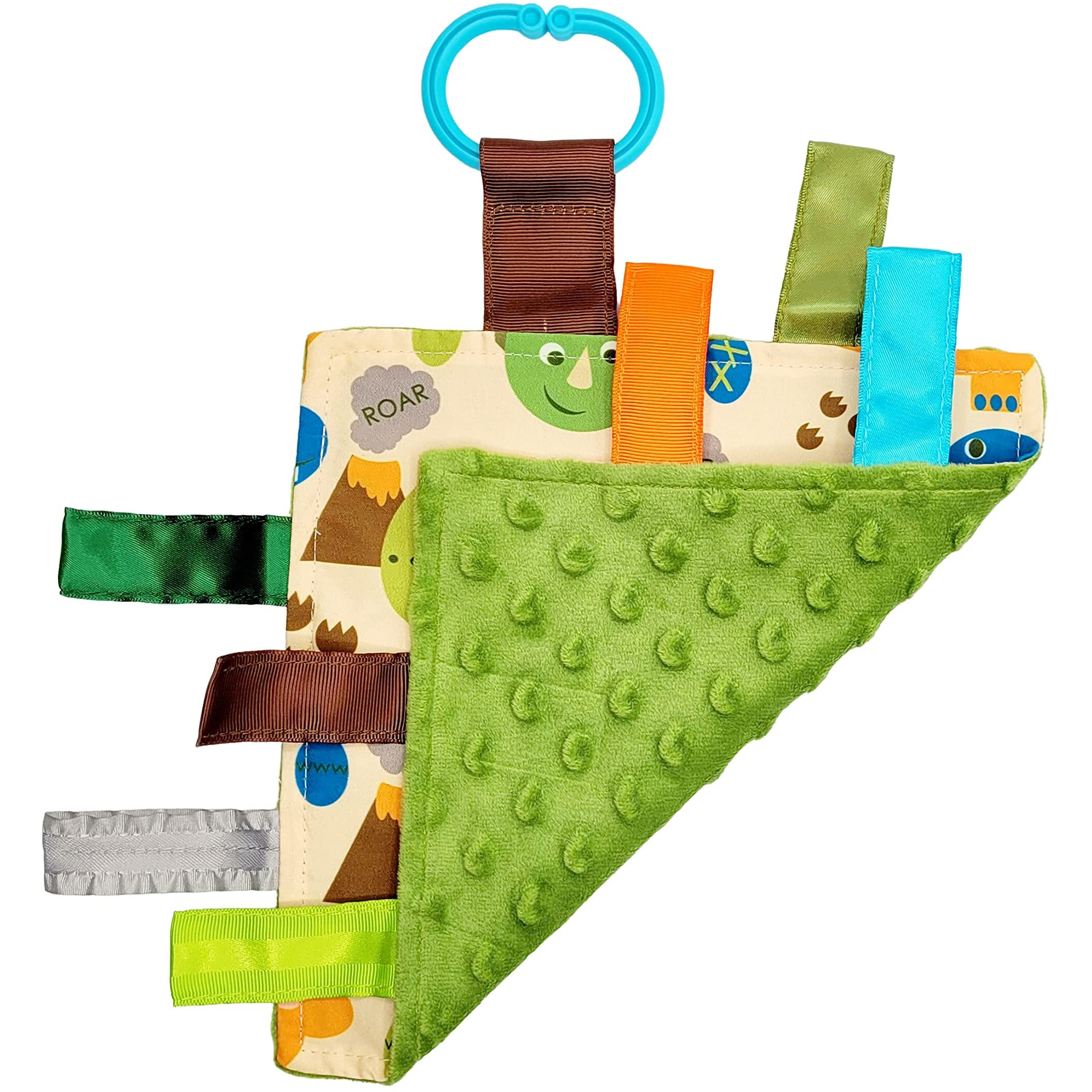 Baby Sensory Crinkle & Teething Square Lovey Toy With Closed Ribbon Tags For Increased Stimulation 8"&quotX8"" (Dinosaurs)
