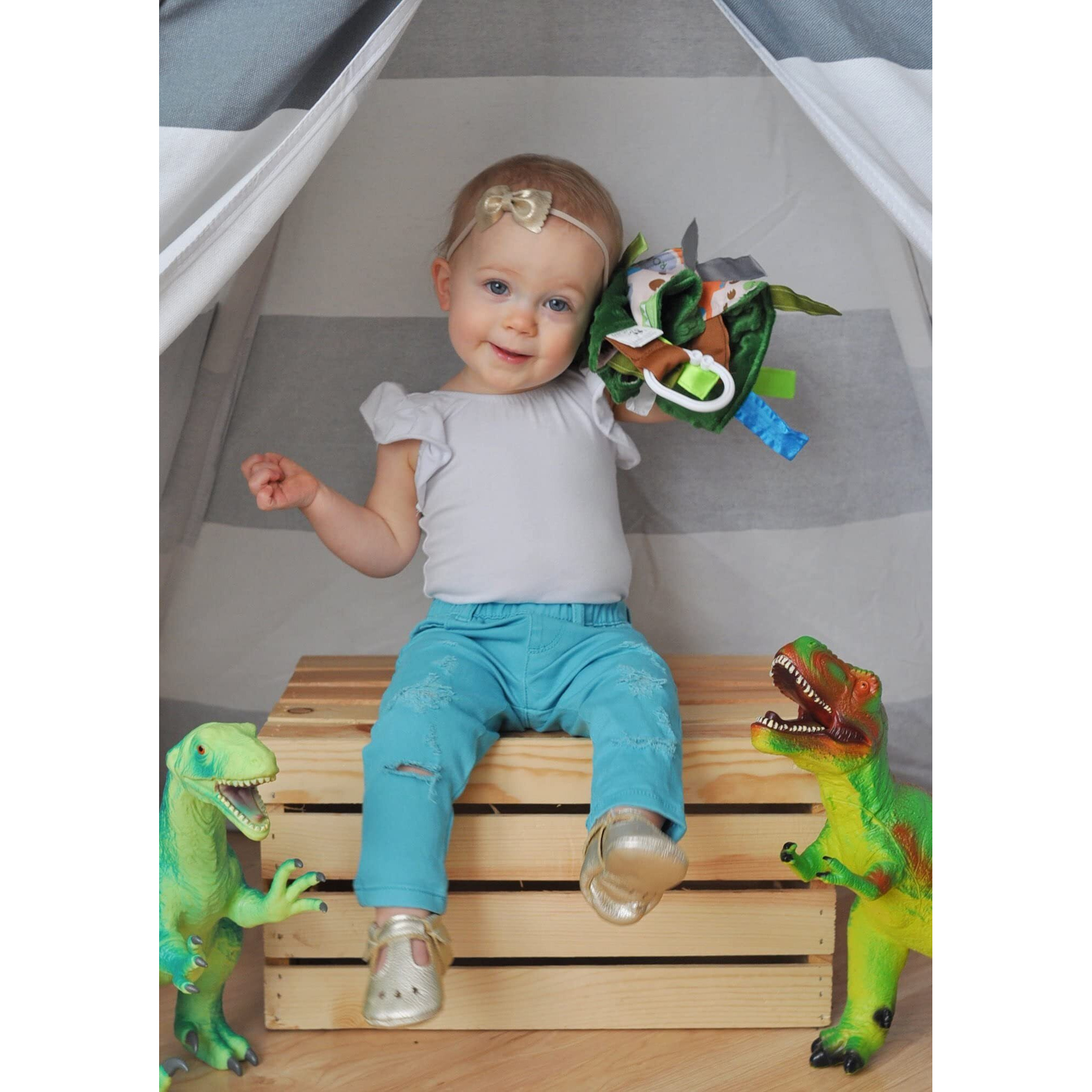 Baby Sensory Crinkle & Teething Square Lovey Toy With Closed Ribbon Tags For Increased Stimulation 8"&quotX8"" (Dinosaurs)