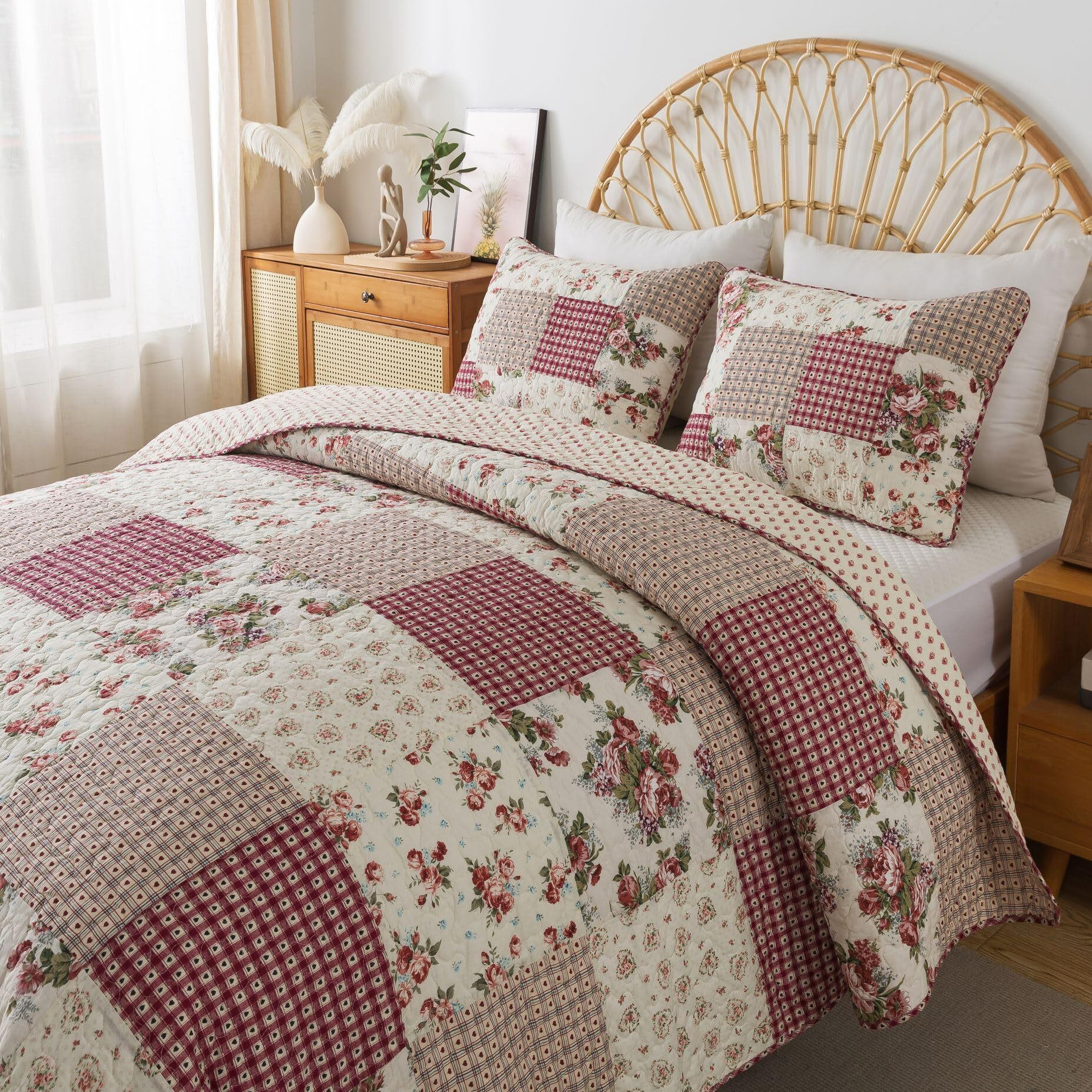 Slpr Country Roses Patchwork Cotton Pieced Quilt Set - Queen Size With 2 Shams, French Country Style Floral Bedding, Red Rose Farmhouse Quilted Bedspread With Flower Pattern
