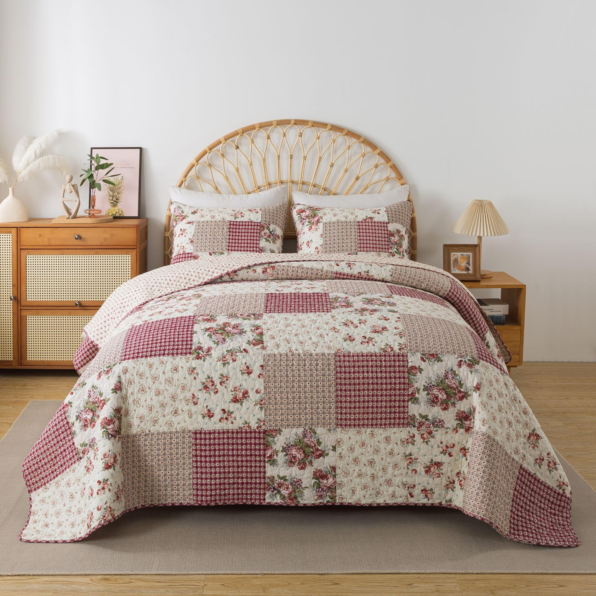 Slpr Country Roses Patchwork Cotton Pieced Quilt Set - Queen Size With 2 Shams, French Country Style Floral Bedding, Red Rose Farmhouse Quilted Bedspread With Flower Pattern