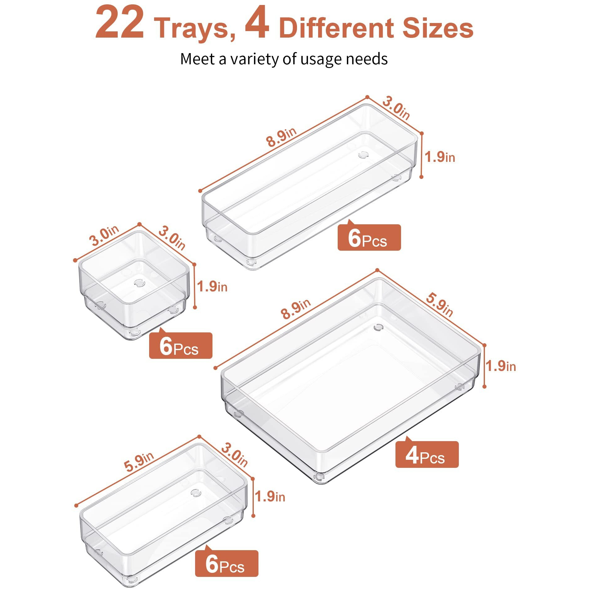 Smartake 22-Piece Drawer Organizer With Non-Slip Silicone Pads, 4-Size Clear Desk Drawer Organizer Trays Storage Tray For Makeup, Jewelries, Utensils In Bedroom Dresser, Office And Kitchen, Clear