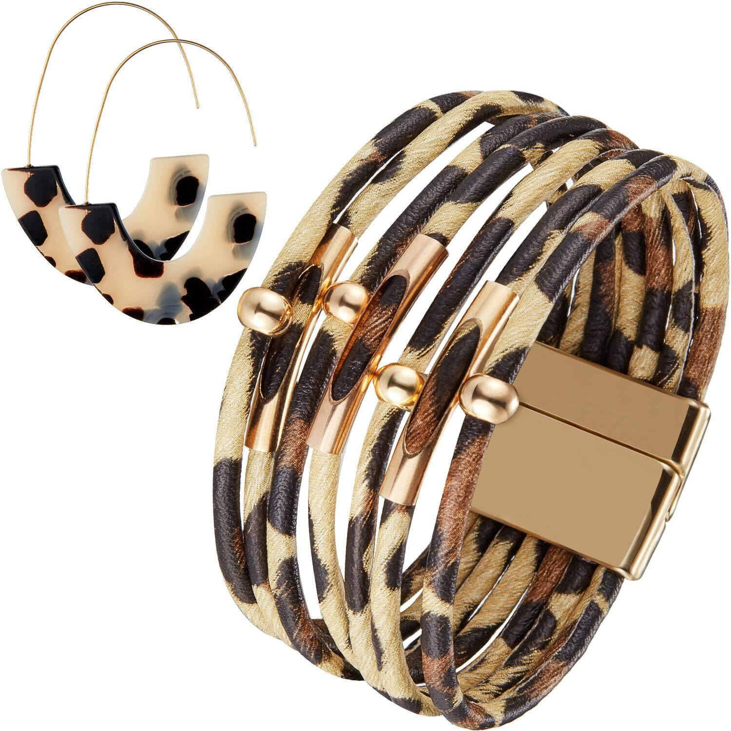 Hicarer Leopard Bracelets And Earrings Cheetah Bracelets Tortoise Shell Earrings Multilayer Leather Wrap Bracelets Large Wrists Boho Accessories