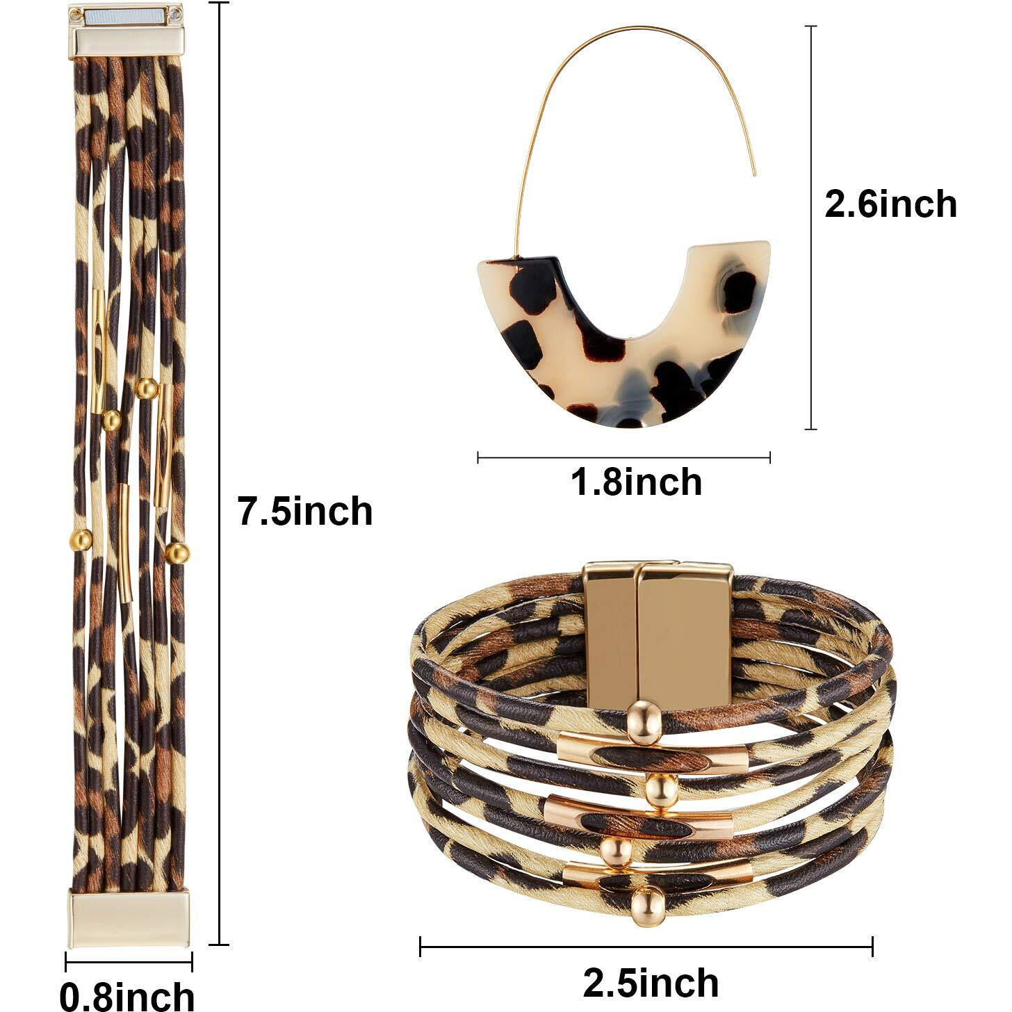 Hicarer Leopard Bracelets And Earrings Cheetah Bracelets Tortoise Shell Earrings Multilayer Leather Wrap Bracelets Large Wrists Boho Accessories