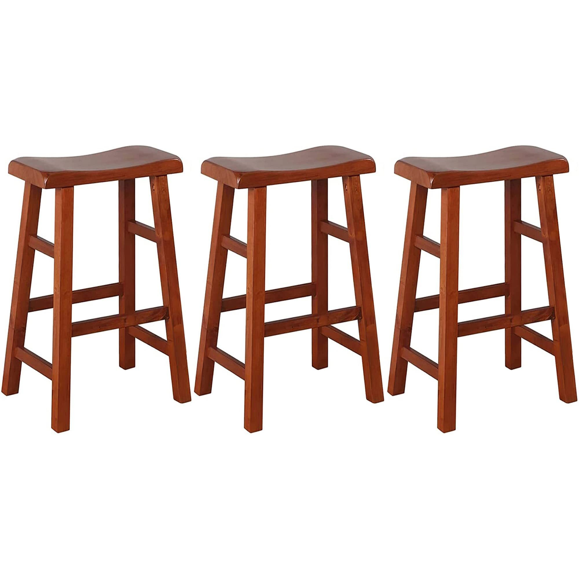 Ehemco Heavy-Duty Solid Wood Saddle Seat Kitchen Counter Barstools, 29 Inches, Dark Oak, Set Of 3