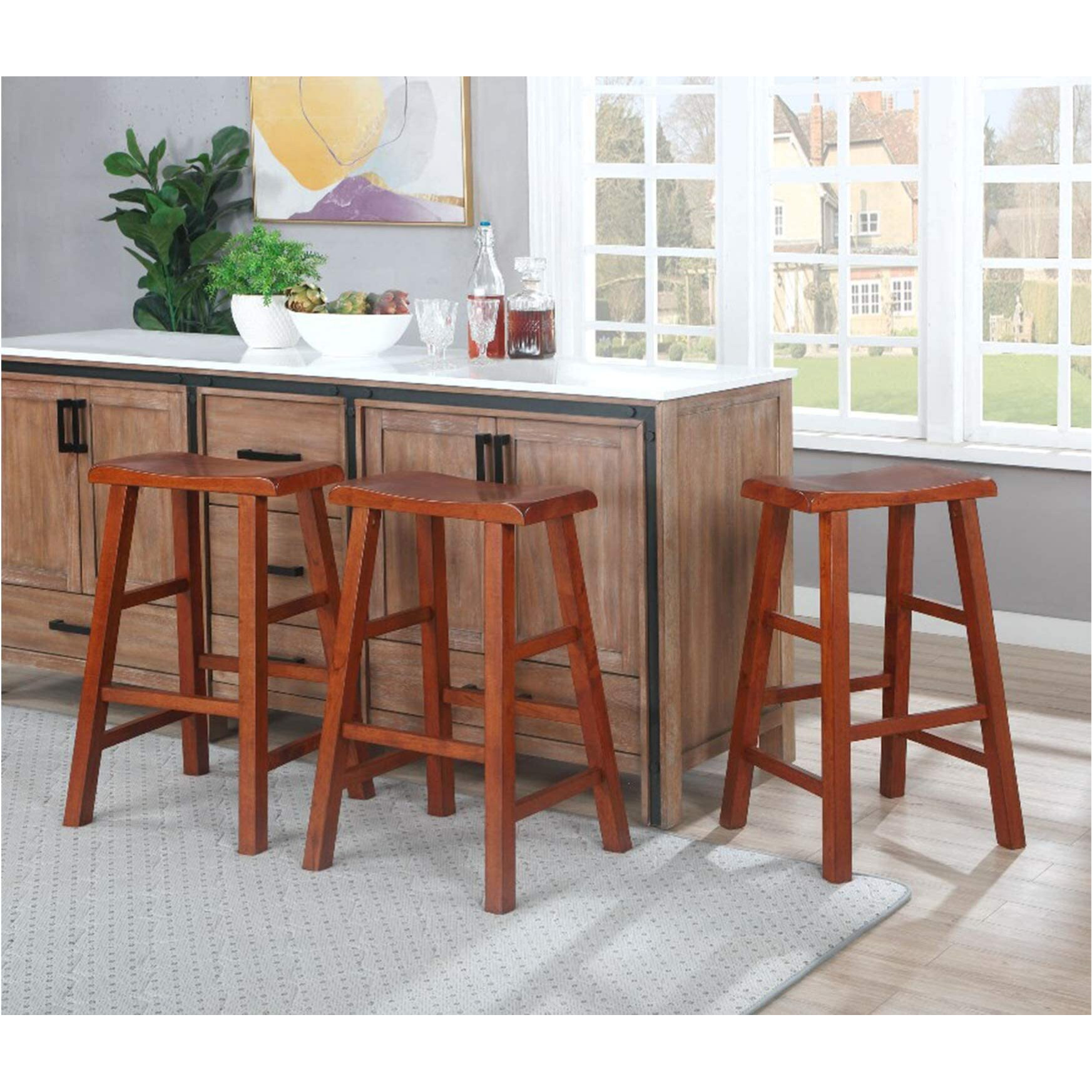 Ehemco Heavy-Duty Solid Wood Saddle Seat Kitchen Counter Barstools, 29 Inches, Dark Oak, Set Of 3