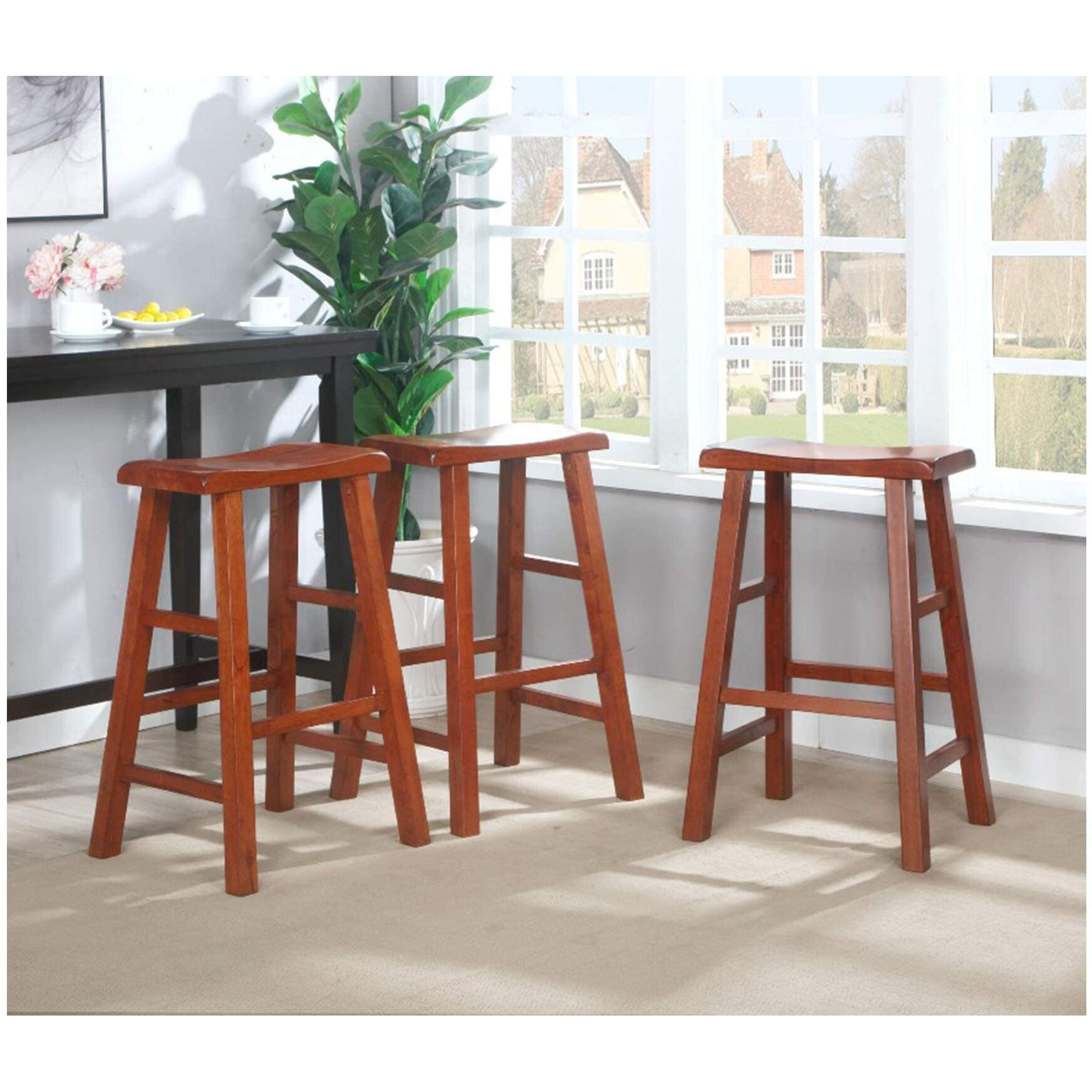 Ehemco Heavy-Duty Solid Wood Saddle Seat Kitchen Counter Barstools, 29 Inches, Dark Oak, Set Of 3