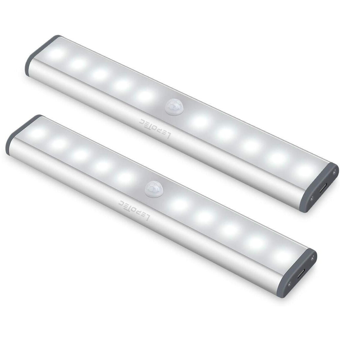 Wireless Motion Sensor Cabinet Lights 10-Led Usb Rechargeable Closet Lights Led Under Cabinet Lighting For Wardrobe/Drawer/Stairs/Cupboard/Counter/Pantry/Stairs,Stick On Anywhere,2 Pack,White Light