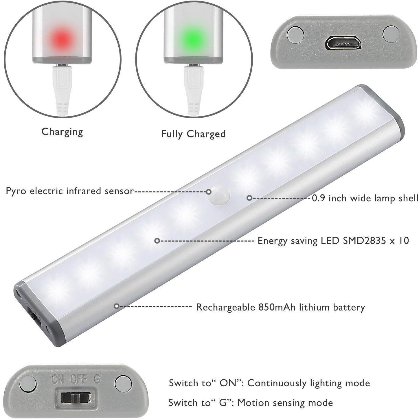 Wireless Motion Sensor Cabinet Lights 10-Led Usb Rechargeable Closet Lights Led Under Cabinet Lighting For Wardrobe/Drawer/Stairs/Cupboard/Counter/Pantry/Stairs,Stick On Anywhere,2 Pack,White Light