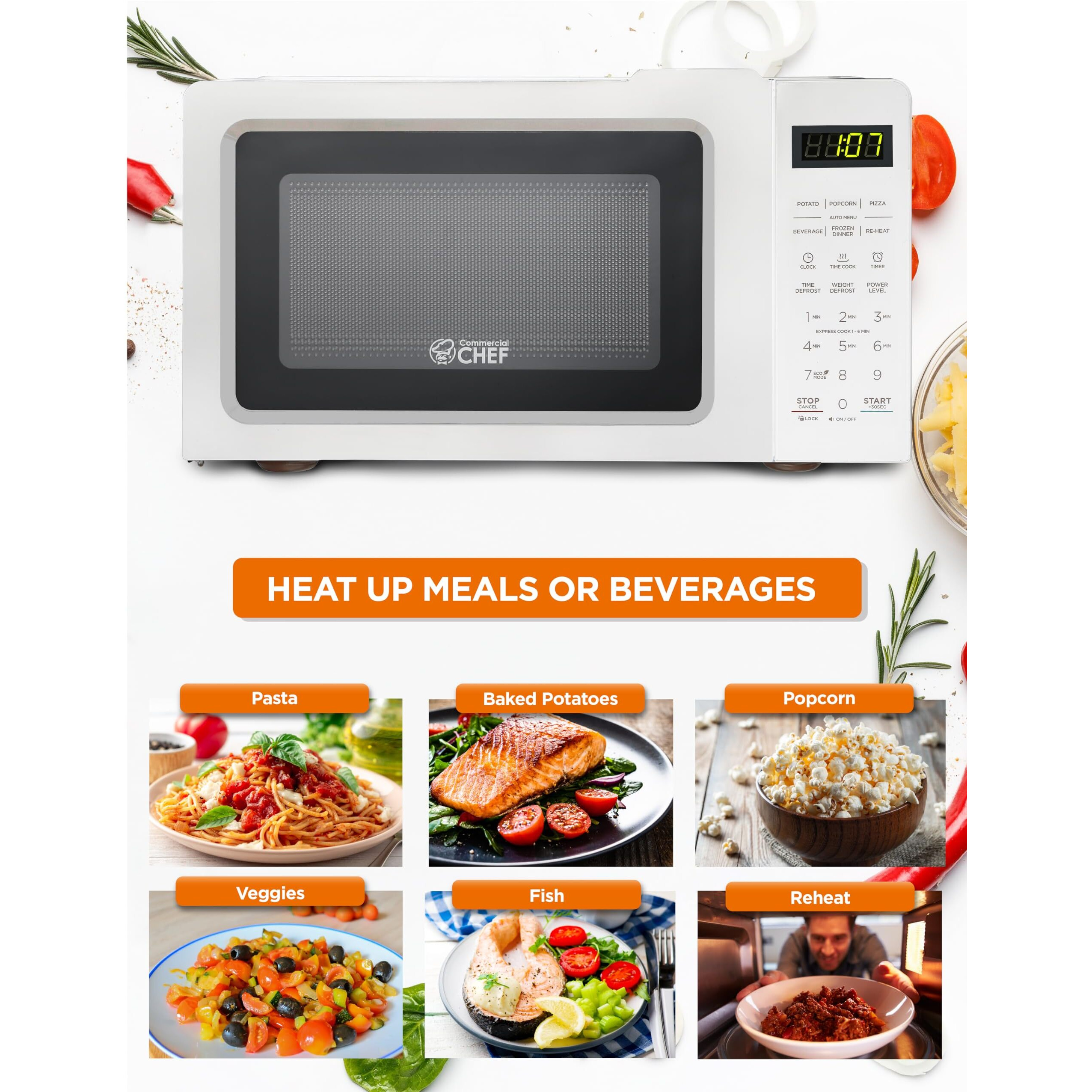 Commercial Chef 0.7 Cubic Foot Microwave With 10 Power Levels, Small Microwave With Pull Handle, 700W Countertop Microwave Up To 99 Minute Timer And Digital Display, White