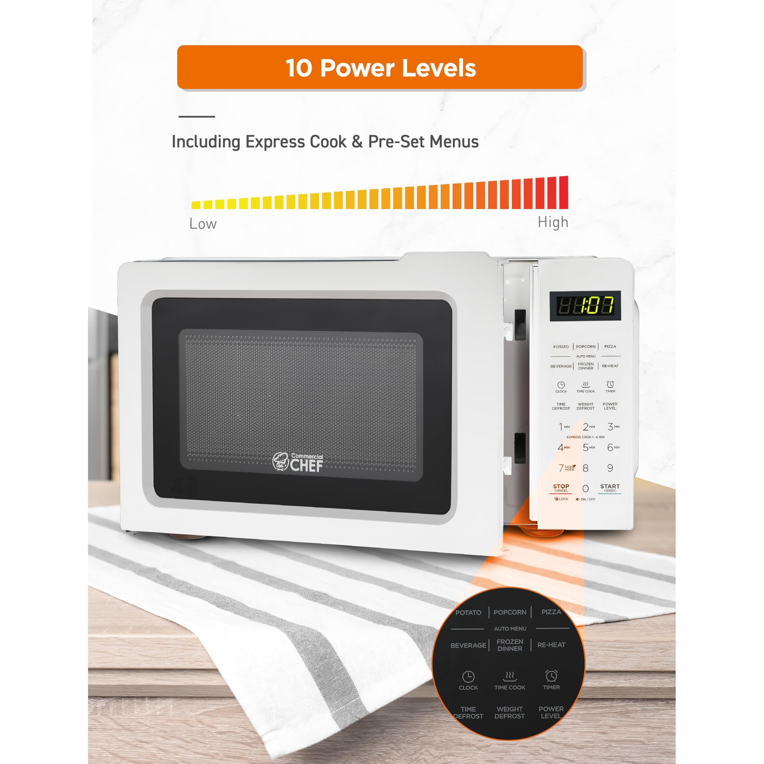 Commercial Chef 0.7 Cubic Foot Microwave With 10 Power Levels, Small Microwave With Pull Handle, 700W Countertop Microwave Up To 99 Minute Timer And Digital Display, White