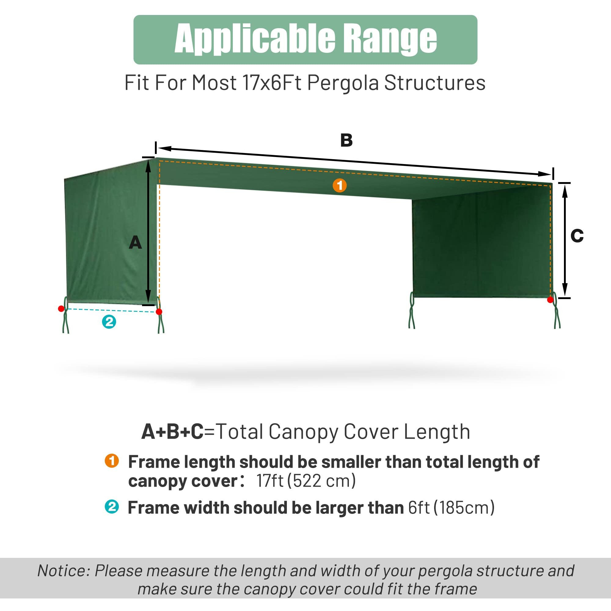 Yescom 17X6.8 Ft Universal Canopy Cover Replacement For 6Ft Curved Pergola Structure Green