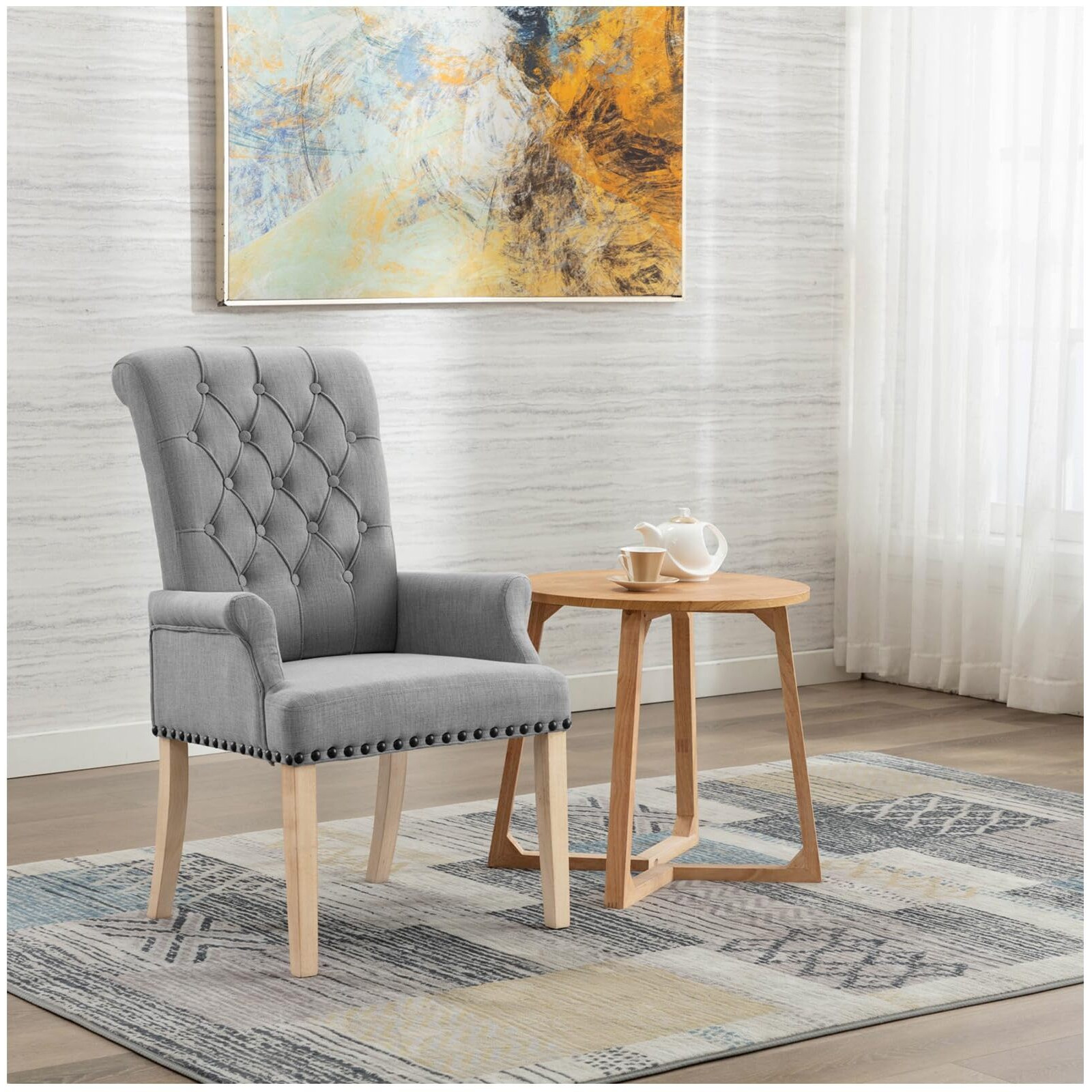 Adochr Upholstered Fabric Accent Dining Chair, Elegant Tufted Club Dining Room Kitchen Room Arm Dining Chair, Light Gray