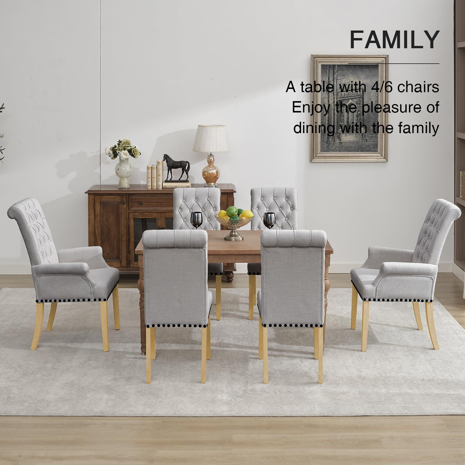 Adochr Upholstered Fabric Accent Dining Chair, Elegant Tufted Club Dining Room Kitchen Room Arm Dining Chair, Light Gray