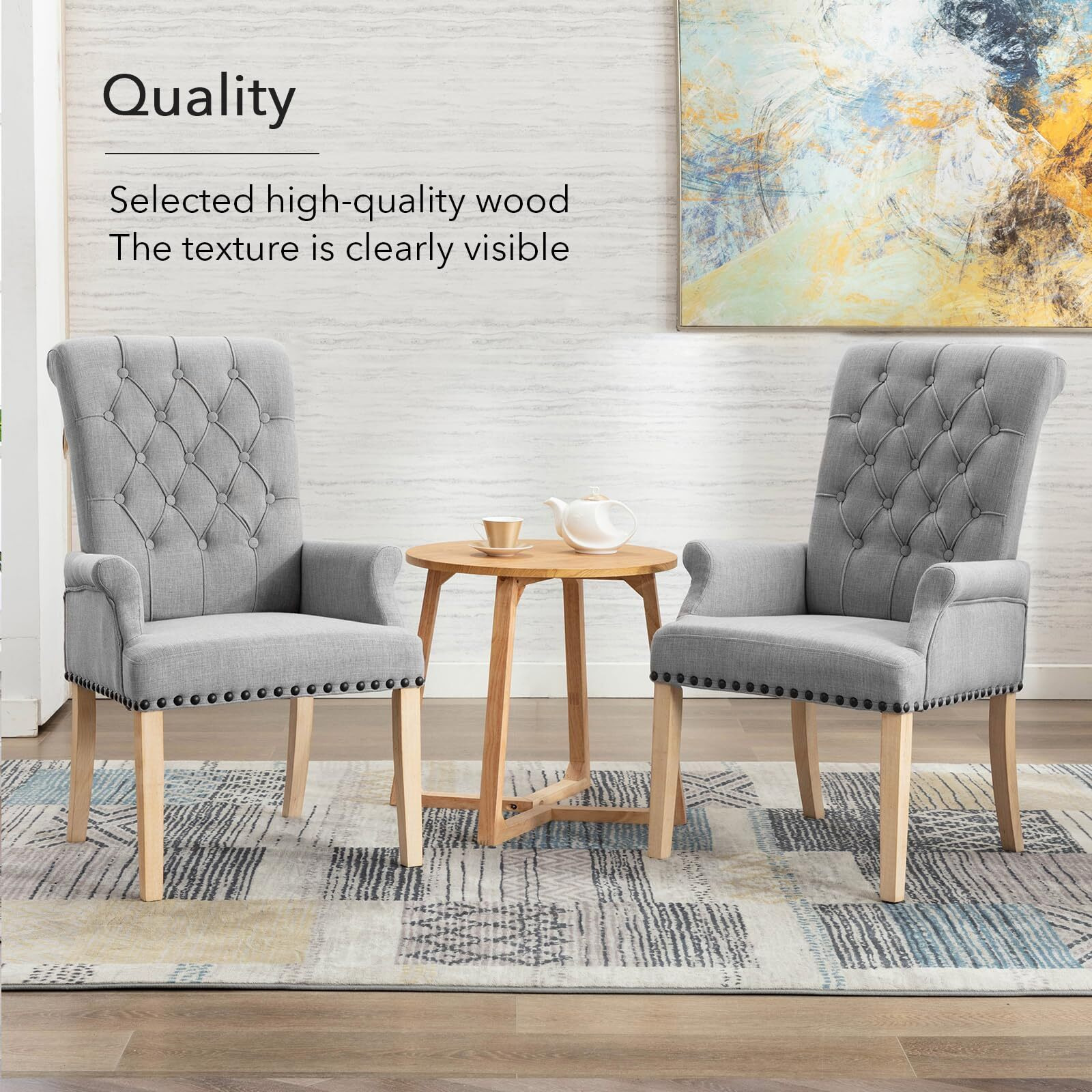 Adochr Upholstered Fabric Accent Dining Chair, Elegant Tufted Club Dining Room Kitchen Room Arm Dining Chair, Light Gray