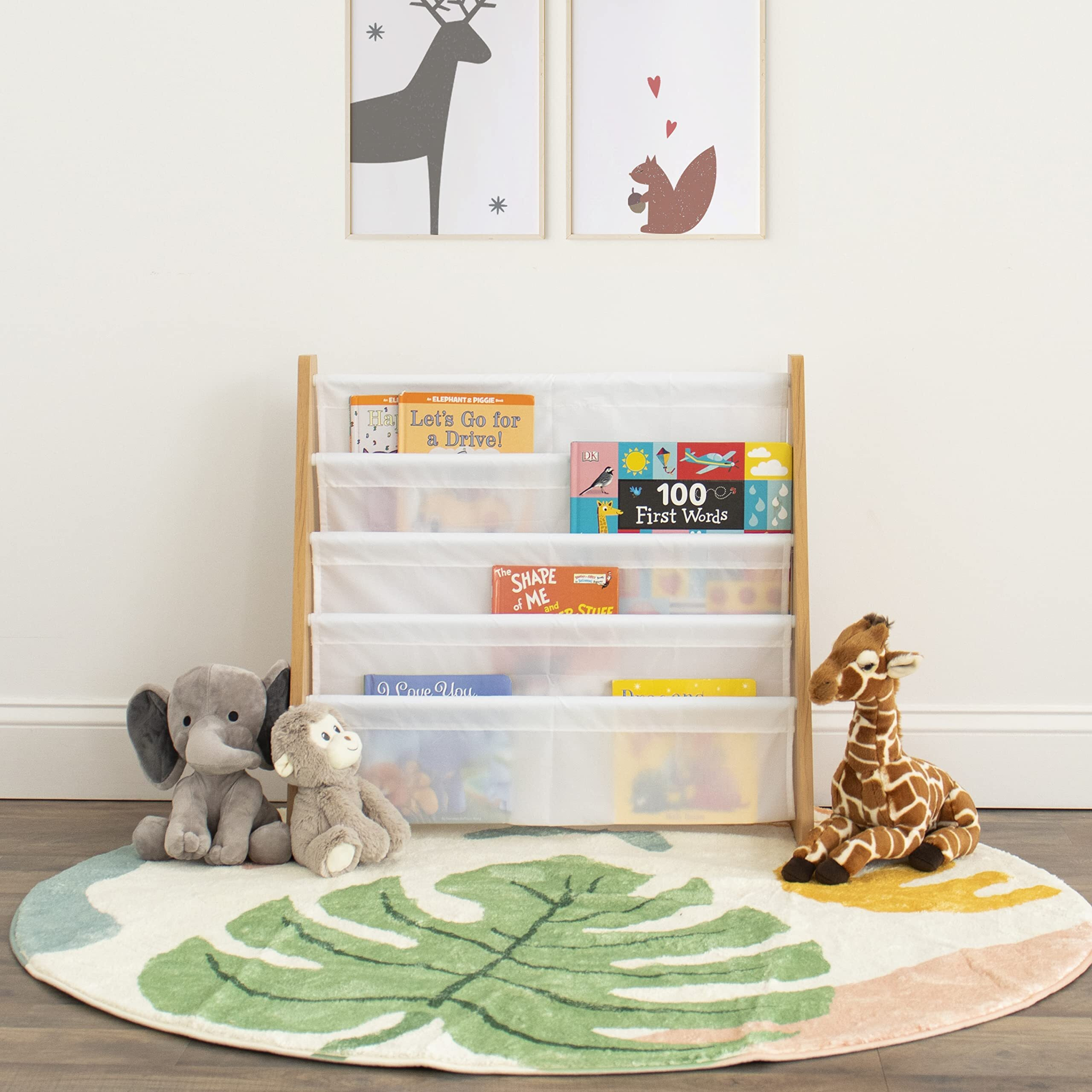 Humble Crew, 4 Tier, Natural/White Kids Book Rack Storage Bookshelf With Deep Sleeves, Universal