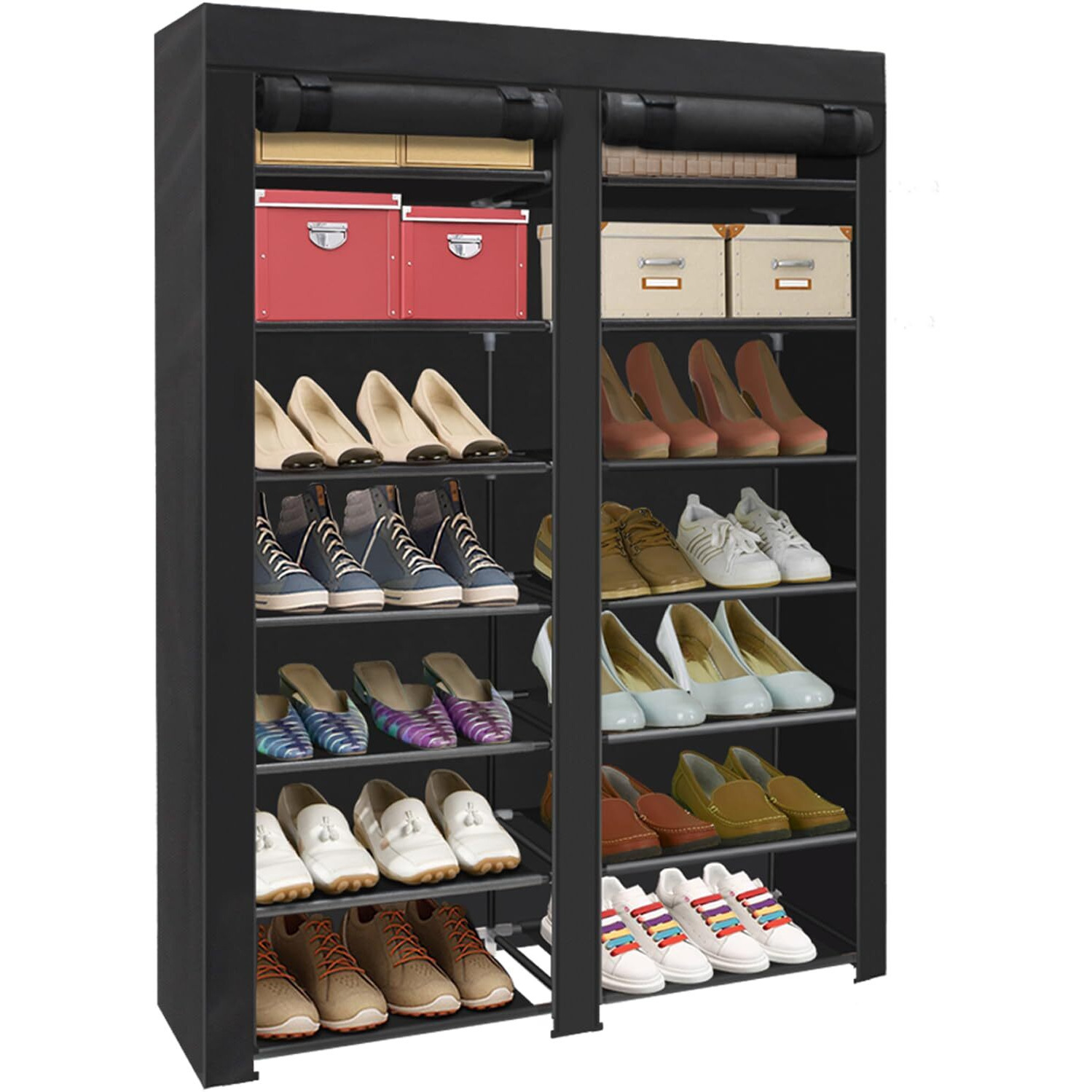 Erone Shoe Rack Storage Organize, 28 Pairs Portable Double Row With Nonwoven Fabric Cover Shoe Shelf Cabinet For Closet