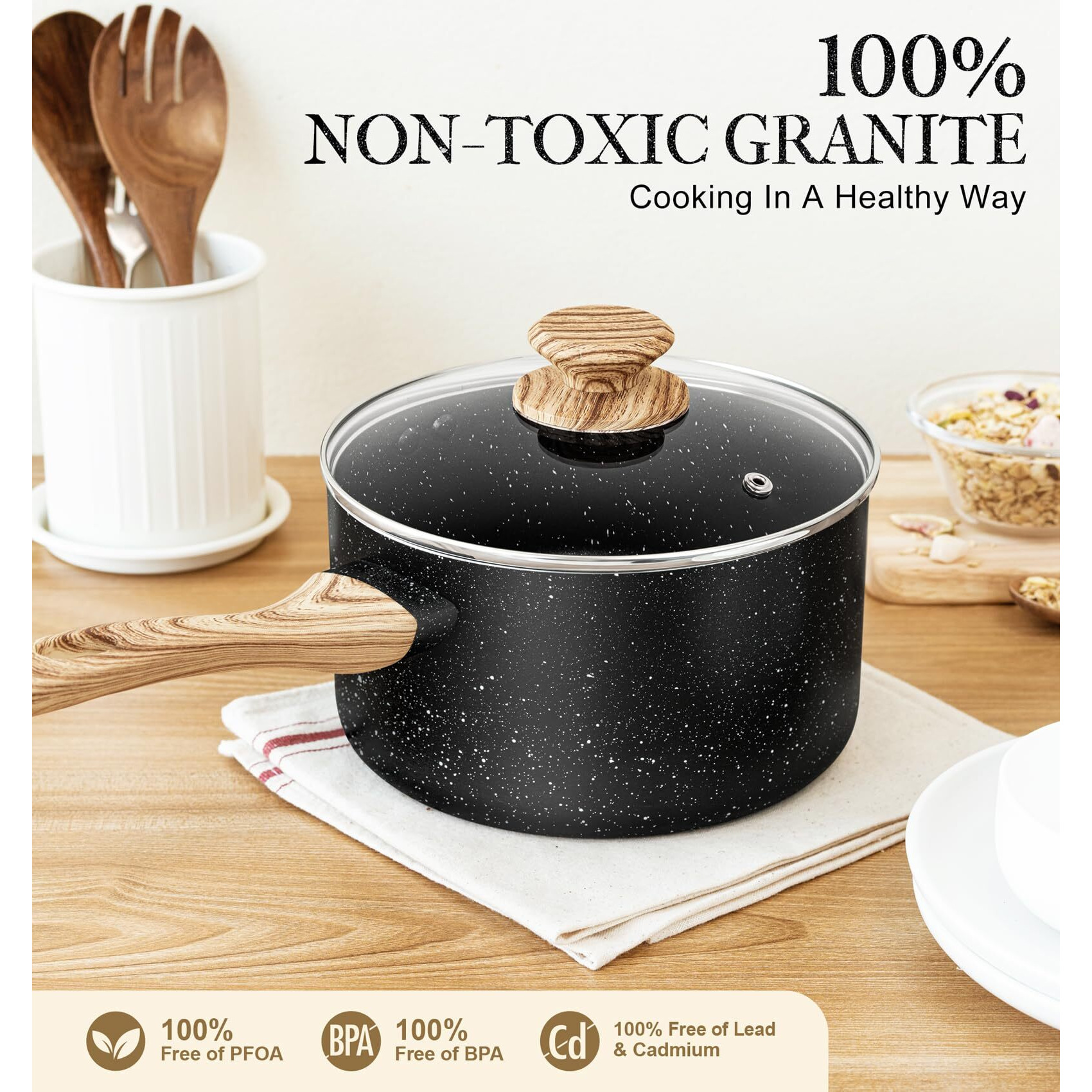 Michelangelo 3 Quart Saucepan With Lid, Nonstick Sauce Pan With Lid, Small Pot With Lid, Granite Coating Sauce Pan 3 Quart, Small Sauce Pot, Nonstick Stone Pot With Ergonomic Bakelite Handle