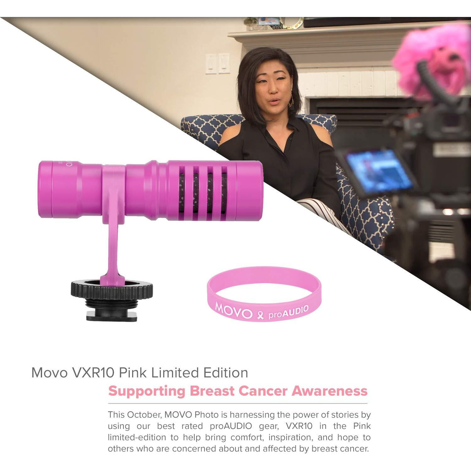 Movo Vxr10 Universal Video Microphone With Shock Mount, Deadcat Windscreen, Case For Iphone, Android Smartphones, Canon Eos, Nikon Dslr Cameras And Camcorders (Pink Breast Cancer Awareness Edition)
