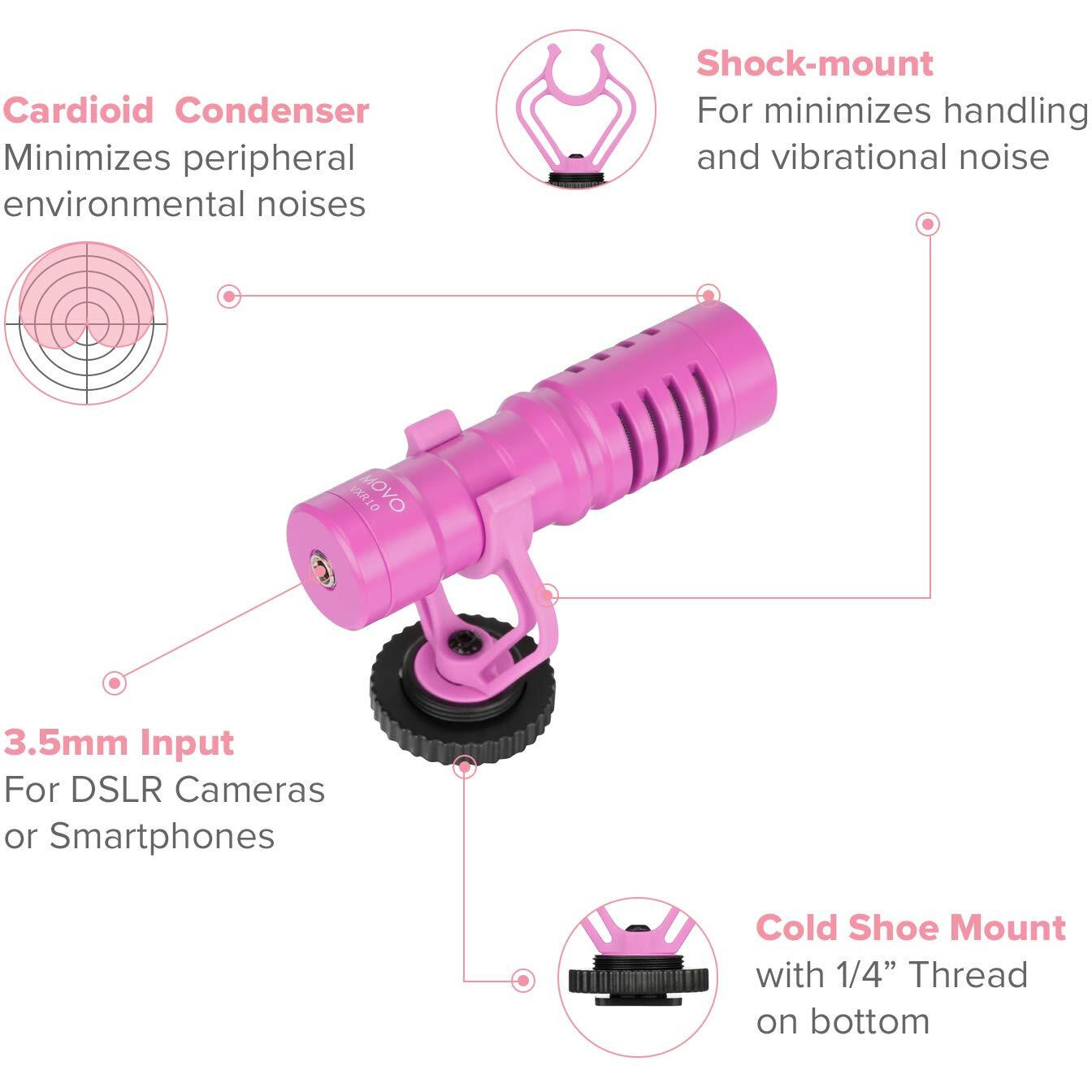 Movo Vxr10 Universal Video Microphone With Shock Mount, Deadcat Windscreen, Case For Iphone, Android Smartphones, Canon Eos, Nikon Dslr Cameras And Camcorders (Pink Breast Cancer Awareness Edition)