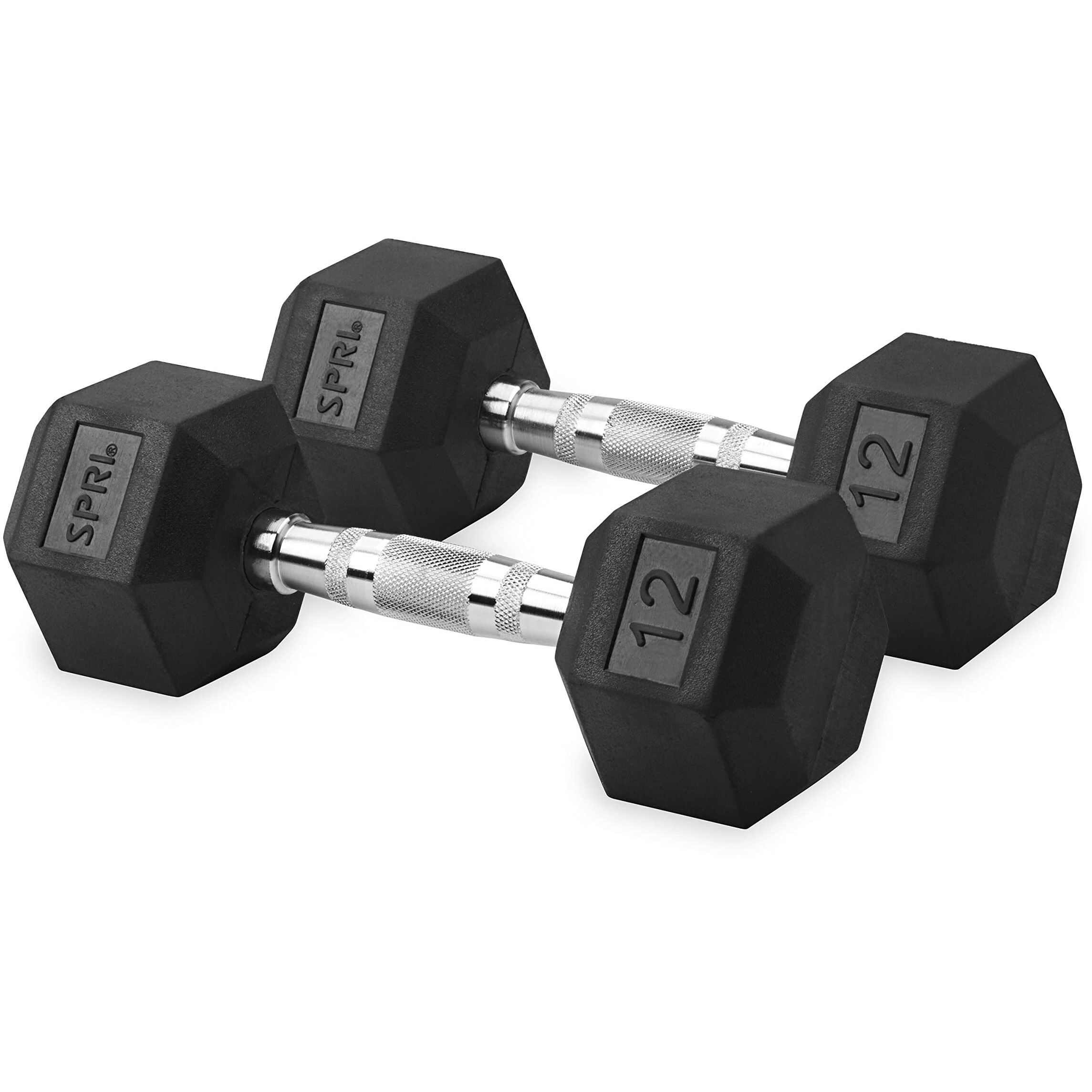 Spri Dumbbells Hand Weights Set Of 2-12 Lb Rubber Hex Chrome Handle Exercise & Fitness Dumbbell For Home Gym Equipment Workouts Strength Training Free Weights For Women, Men