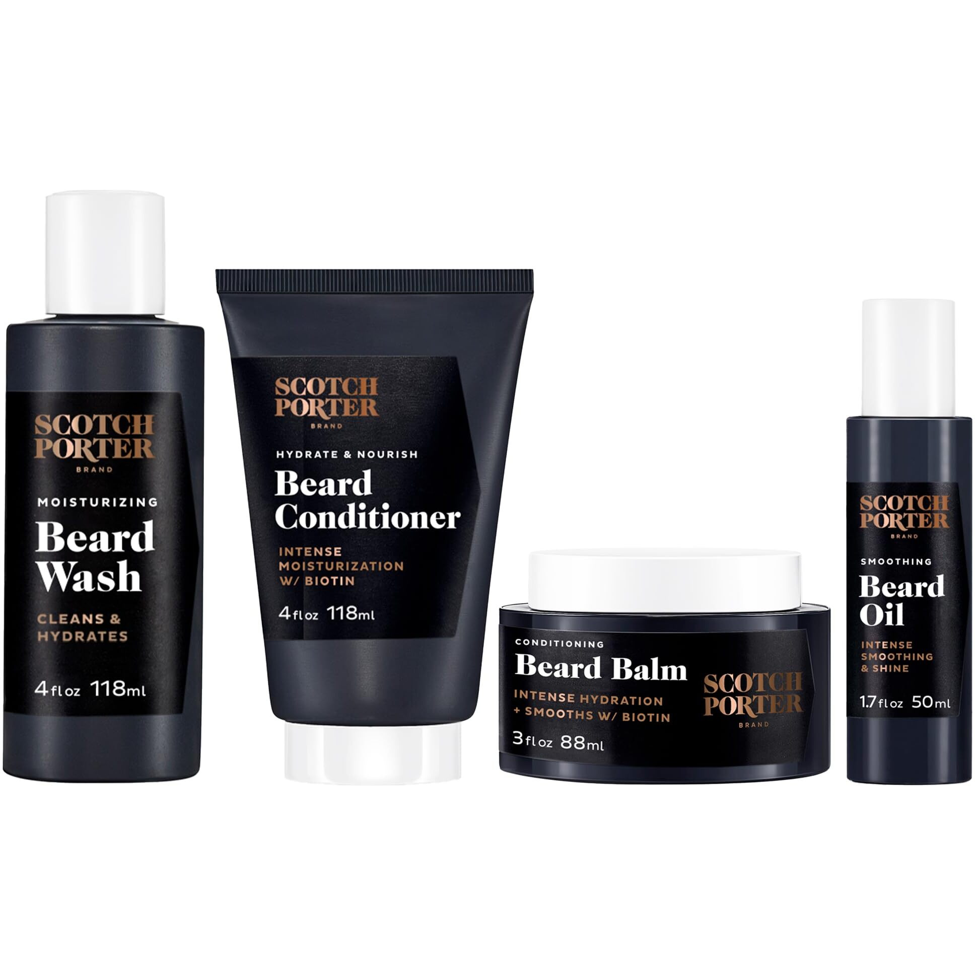 Scotch Porter Beard Kit - Cleanse, Moisturize, Soothe & Style Coarse, Dry Beard Hair While Encouraging Growth For A Fuller/Healthier-Looking Beard - Includes Wash, Conditioner, Serum & Balm