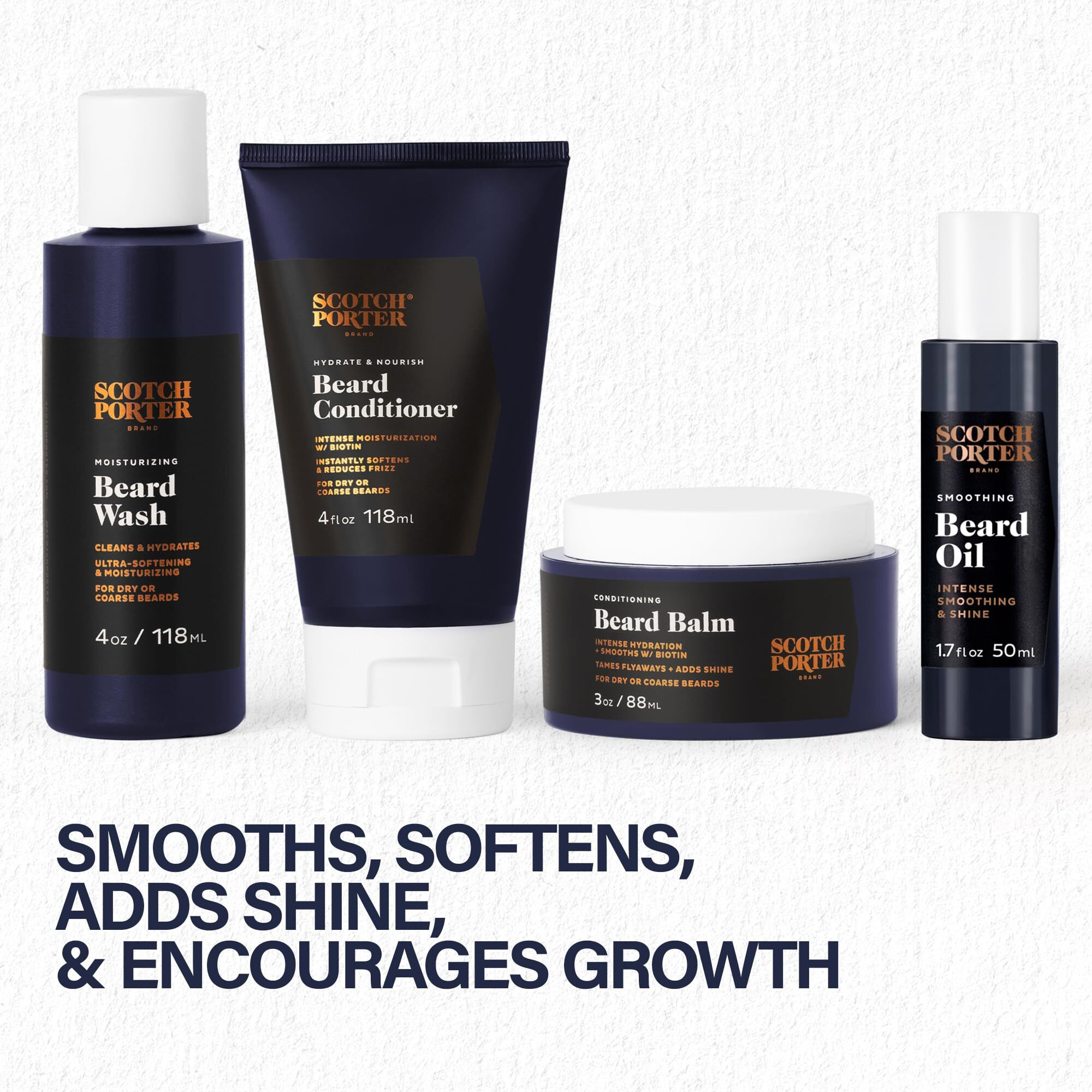 Scotch Porter Beard Kit - Cleanse, Moisturize, Soothe & Style Coarse, Dry Beard Hair While Encouraging Growth For A Fuller/Healthier-Looking Beard - Includes Wash, Conditioner, Serum & Balm