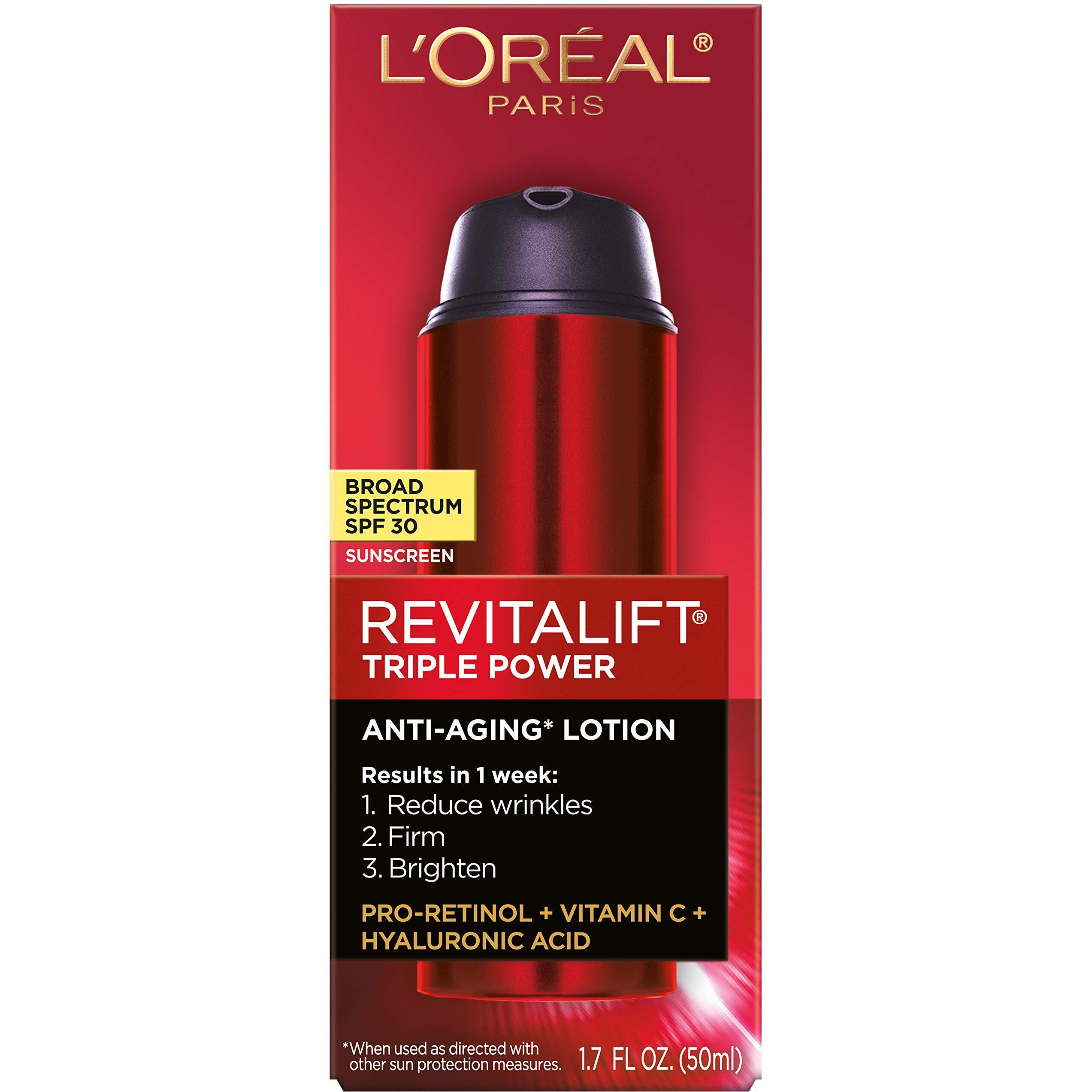 L'Oreal Paris Revitalift Triple Power Anti-Aging Broad Spectrum Spf 30 Sunscreen, Pro Retinol, Hyaluronic Acid & Vitamin C Lotion, Reduces Wrinkles 1.7 Oz