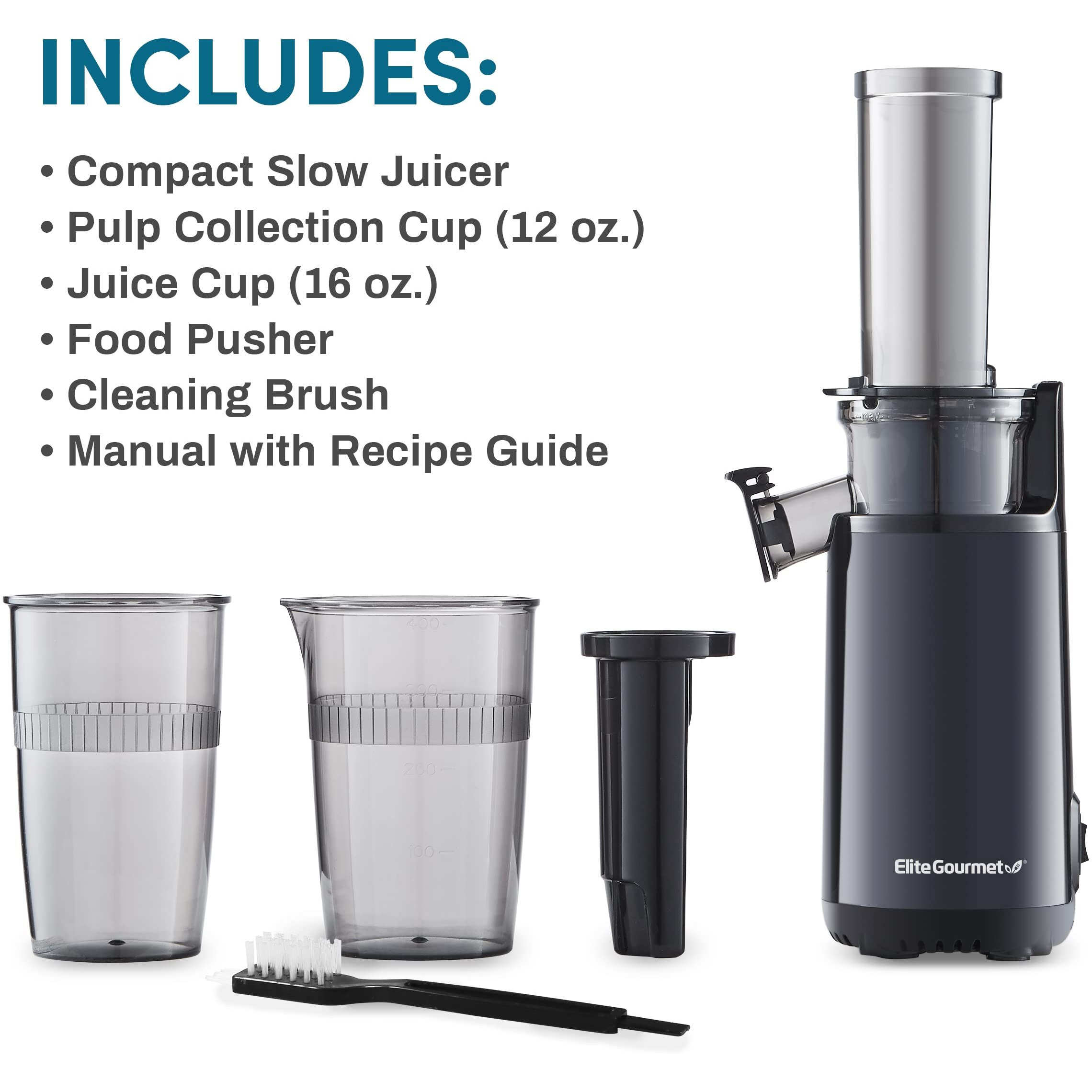 Elite Gourmet Masticating Juicer Machines, 12-Inch Juicer, Masticating Cold Press Juicer Machines, Juicer For Vegetables And Fruits, Easy To Clean Juicer, Charcoal Grey