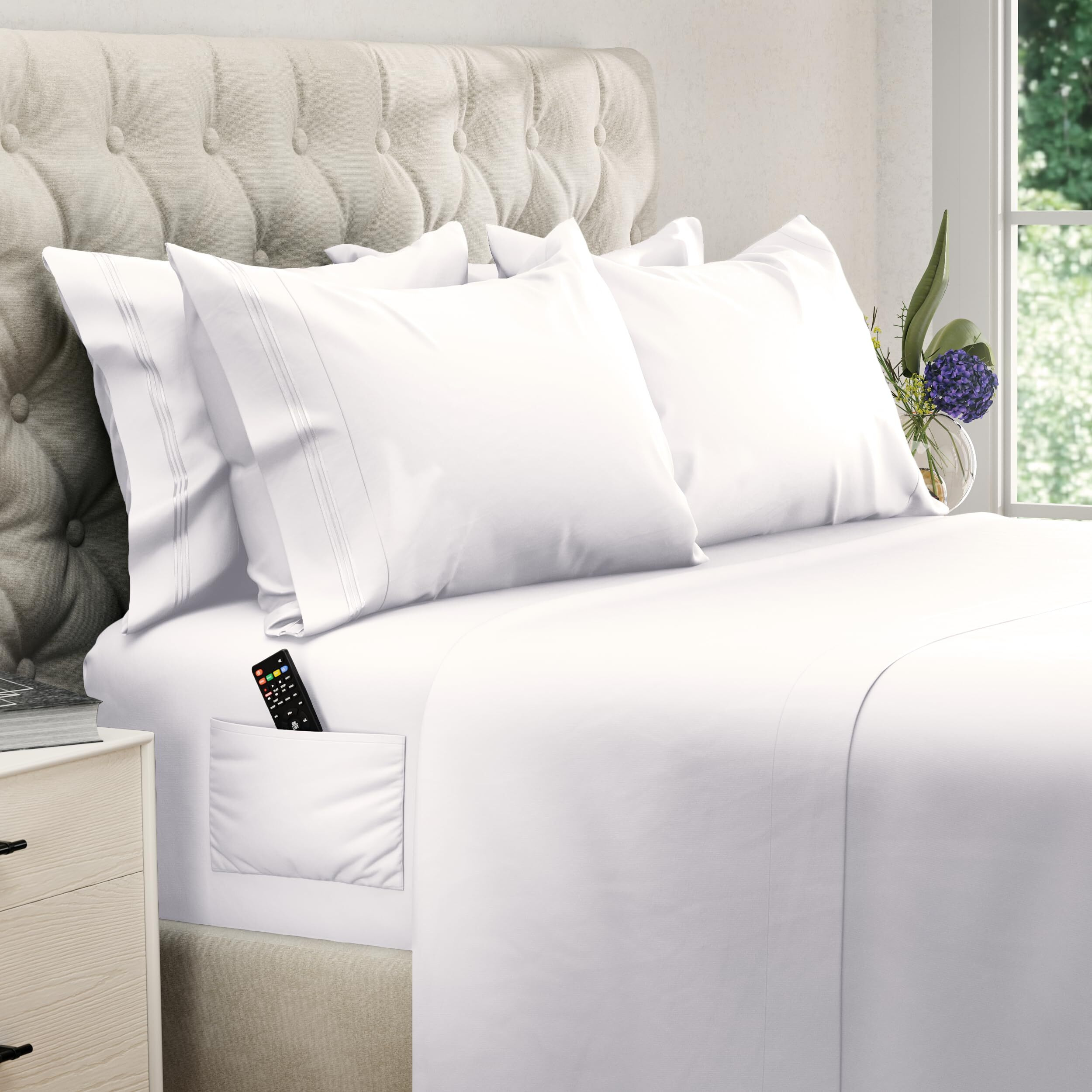 Dreamcare Queen Sheet Set - 6 Pcs Cooling Bed Sheets - Up To 15    Deep Sheets Queen Size Bed Set - 2500 Supreme Collection - Oeko Tex Certified Sheets - Hotel Luxury With Side Pocket - White