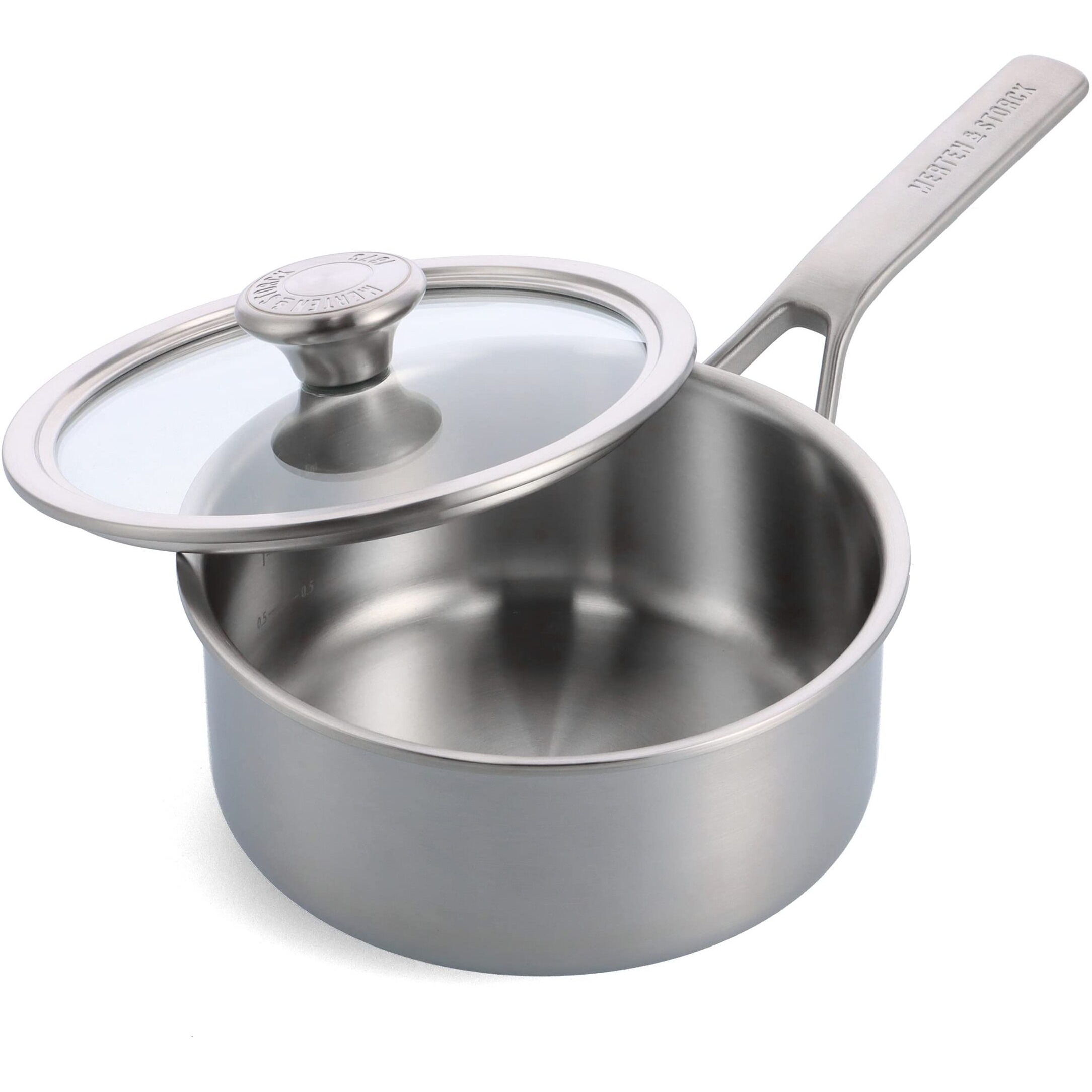 Merten & Storck Tri-Ply Stainless Steel 3Qt Saucepan Pot With Lid, Professional Cooking, Multi Clad, Measurement Markings, Drip-Free Pouring Edges, Durable Glass Lid, Induction, Oven & Dishwasher Safe