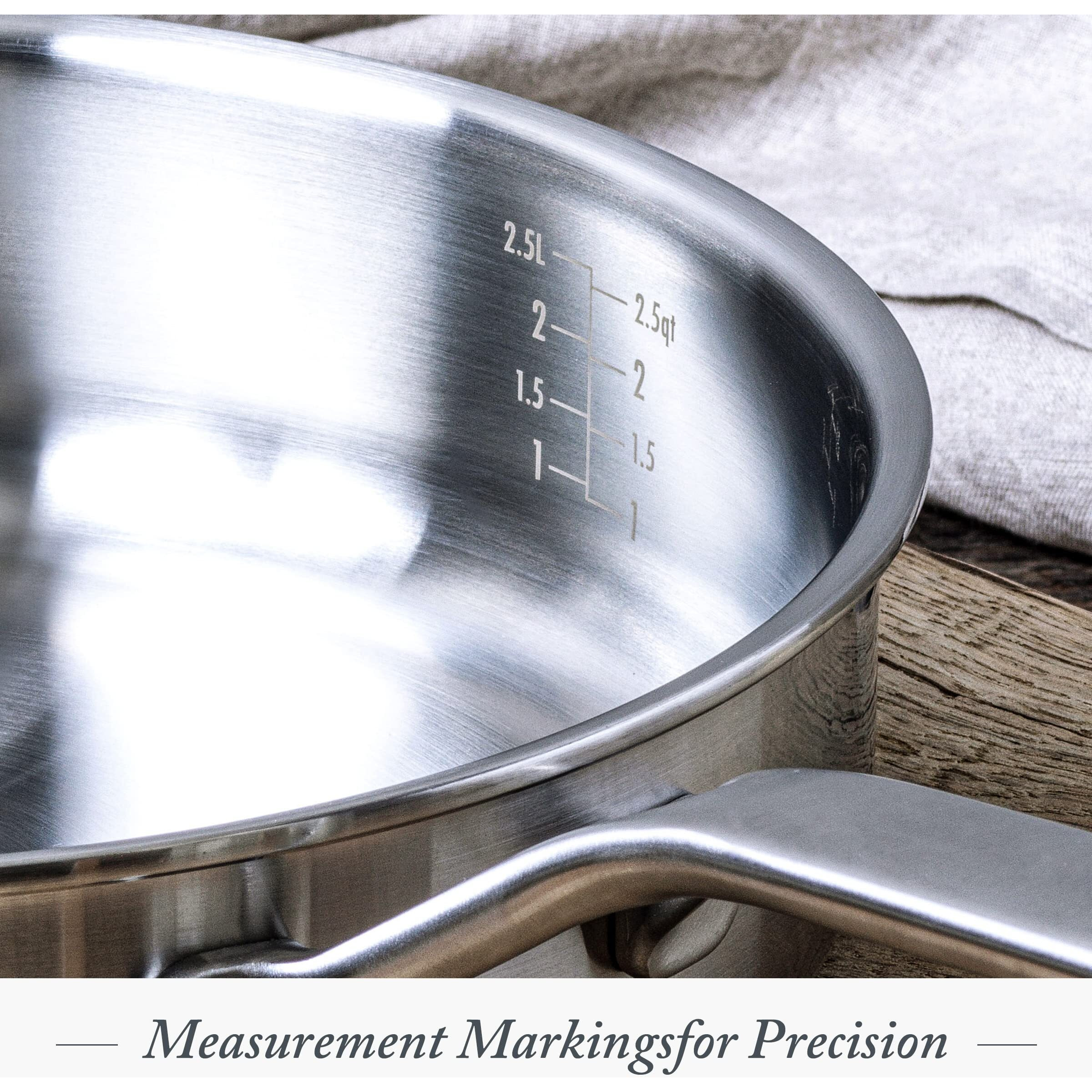 Merten & Storck Tri-Ply Stainless Steel 3Qt Saucepan Pot With Lid, Professional Cooking, Multi Clad, Measurement Markings, Drip-Free Pouring Edges, Durable Glass Lid, Induction, Oven & Dishwasher Safe
