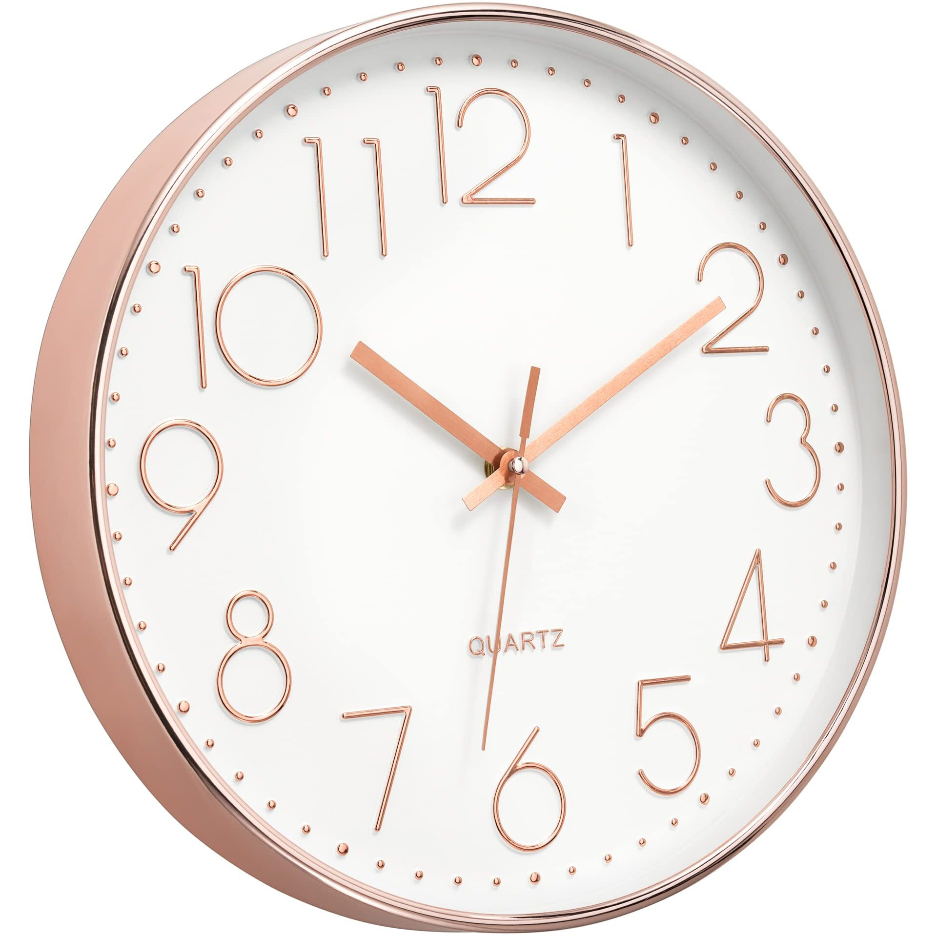 Foxtop Modern Wall Clock 12 Inch Non-Ticking Silent Battery Operated Round Quartz Rose Gold Wall Clock For Office Bedroom Living Room Kitchen Home School Decor