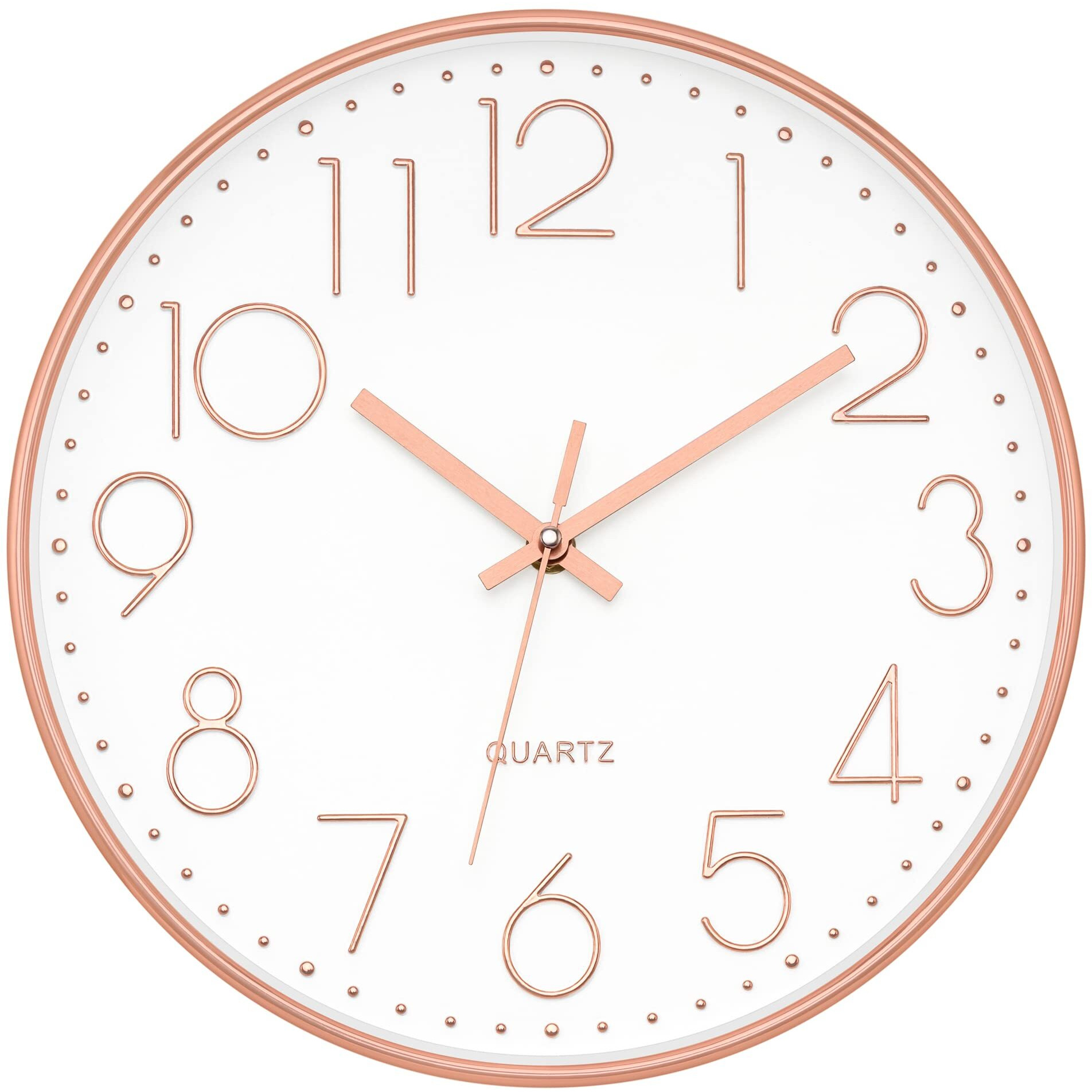 Foxtop Modern Wall Clock 12 Inch Non-Ticking Silent Battery Operated Round Quartz Rose Gold Wall Clock For Office Bedroom Living Room Kitchen Home School Decor