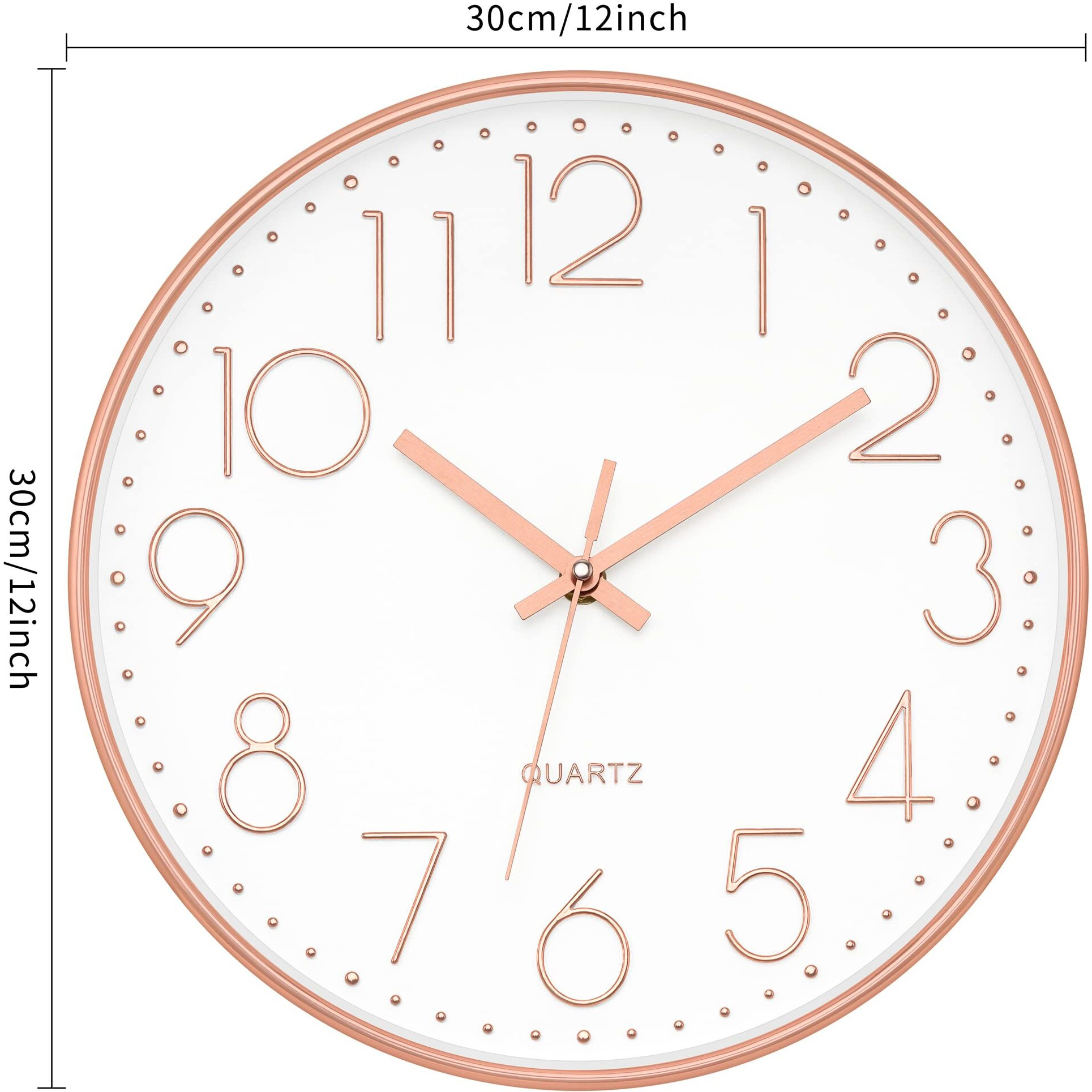 Foxtop Modern Wall Clock 12 Inch Non-Ticking Silent Battery Operated Round Quartz Rose Gold Wall Clock For Office Bedroom Living Room Kitchen Home School Decor