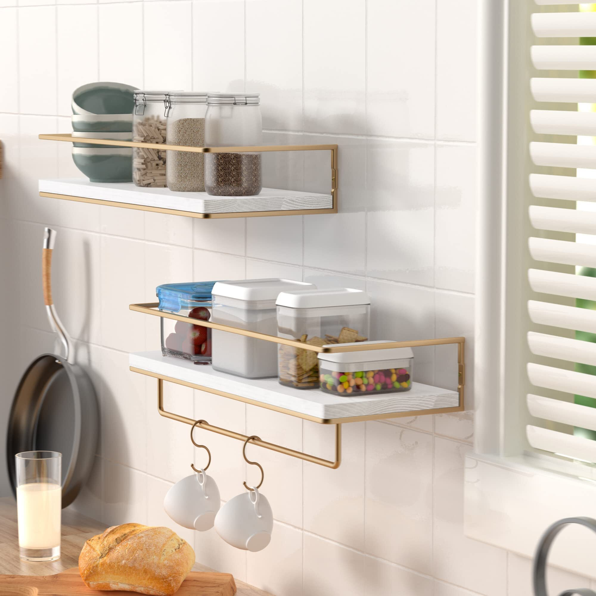 Zgo Floating Shelves White, Wall Mounted Storage Shelves With Golden Towel Rack For Bathroom, Kitchen, Bedroom, Set Of 2 (White)