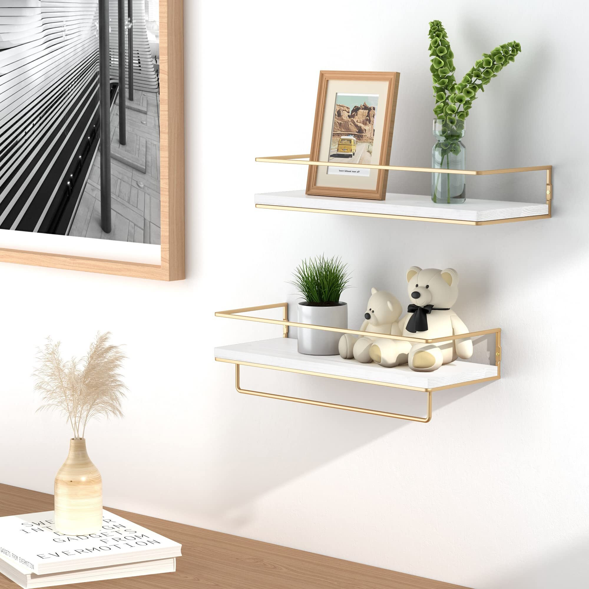 Zgo Floating Shelves White, Wall Mounted Storage Shelves With Golden Towel Rack For Bathroom, Kitchen, Bedroom, Set Of 2 (White)