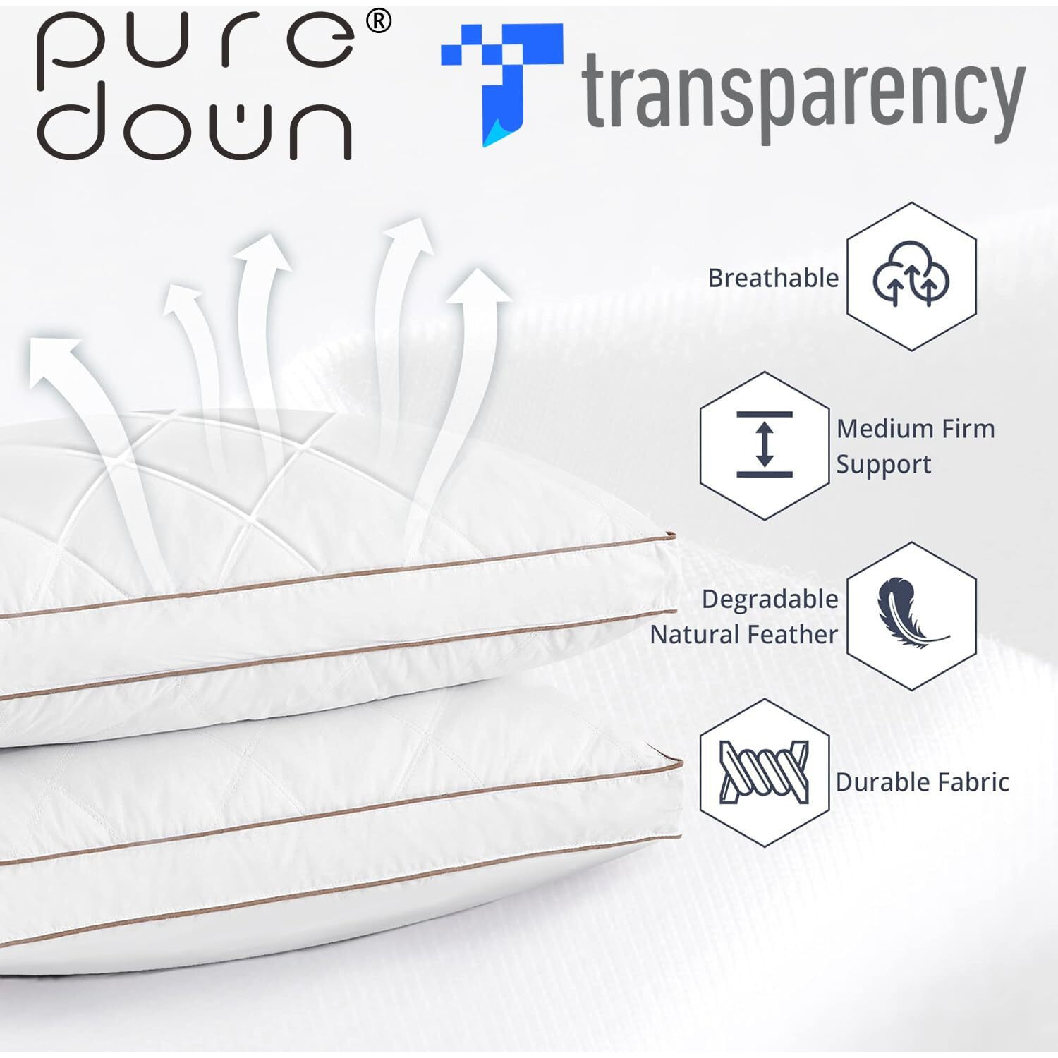 Puredown Goose Feathers And Down Pillow For Sleeping Gusseted Bed Hotel Collection Pillows, Standard, Set Of 2