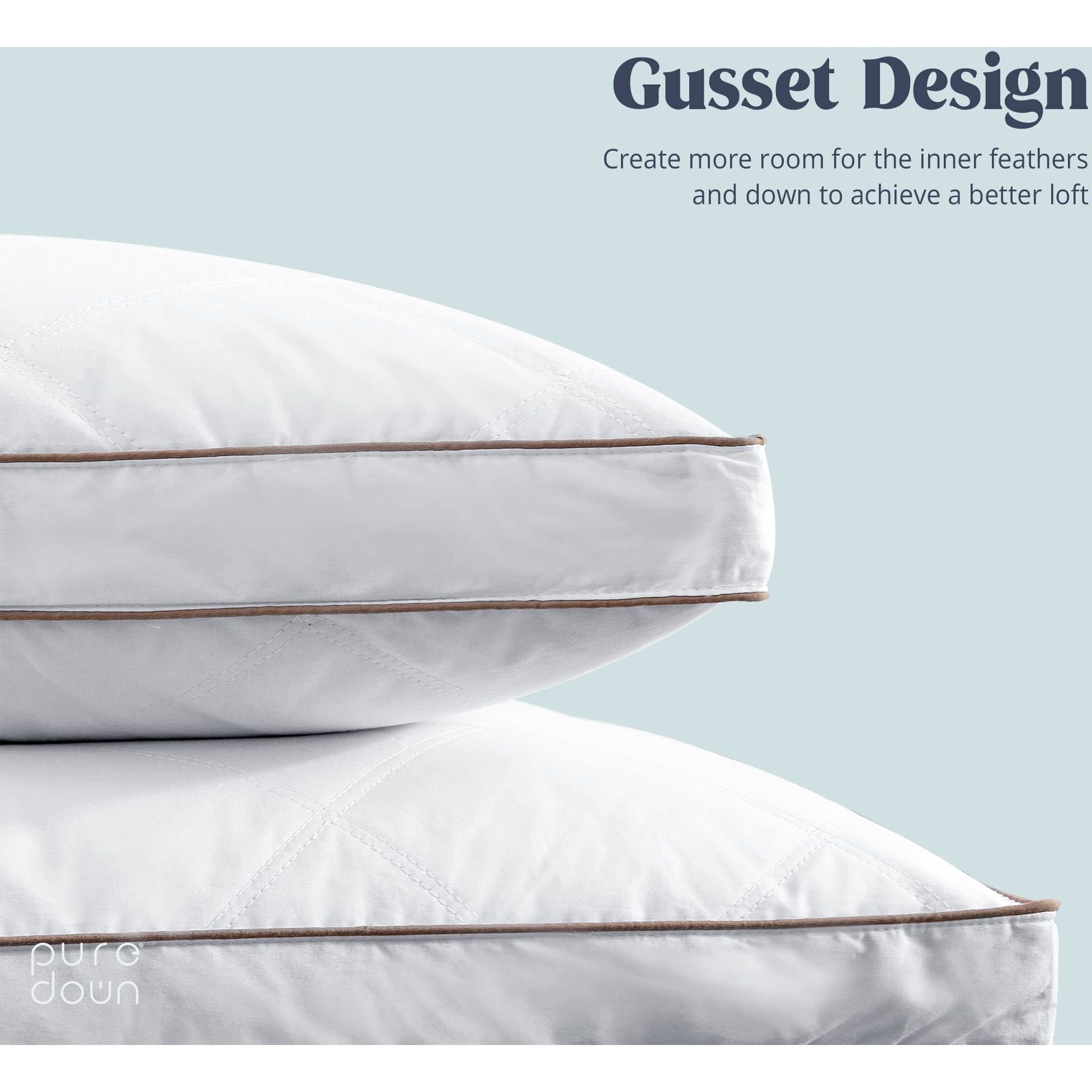 Puredown Goose Feathers And Down Pillow For Sleeping Gusseted Bed Hotel Collection Pillows, Standard, Set Of 2