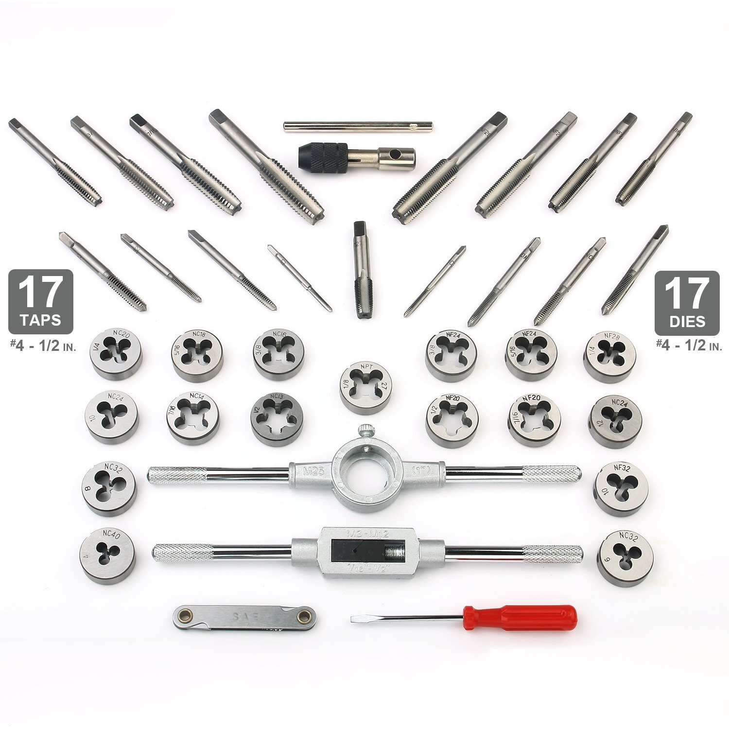 80-Piece Premium Sae And Metric Tap And Die Set - Sae Inch Size 4 To 1/2    And Metric Size M3 To M12, With Coarse, Fine And Pipe Threads | Essential Threading Kit With Complete Handles And Accessories