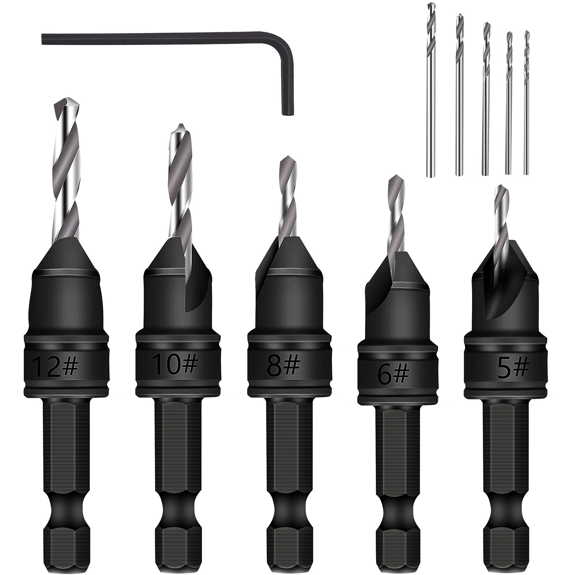 Mulwark 82 Countersink Drill Bit Set Incl. 5Pcs Free Replaceable Hss Drill Bits For Wood|3/8"" Quick-Change -Chamfered Adjustable Drilling Tool Kit On Pilot Counter Sink Holes For Woodworking- 5 Pack