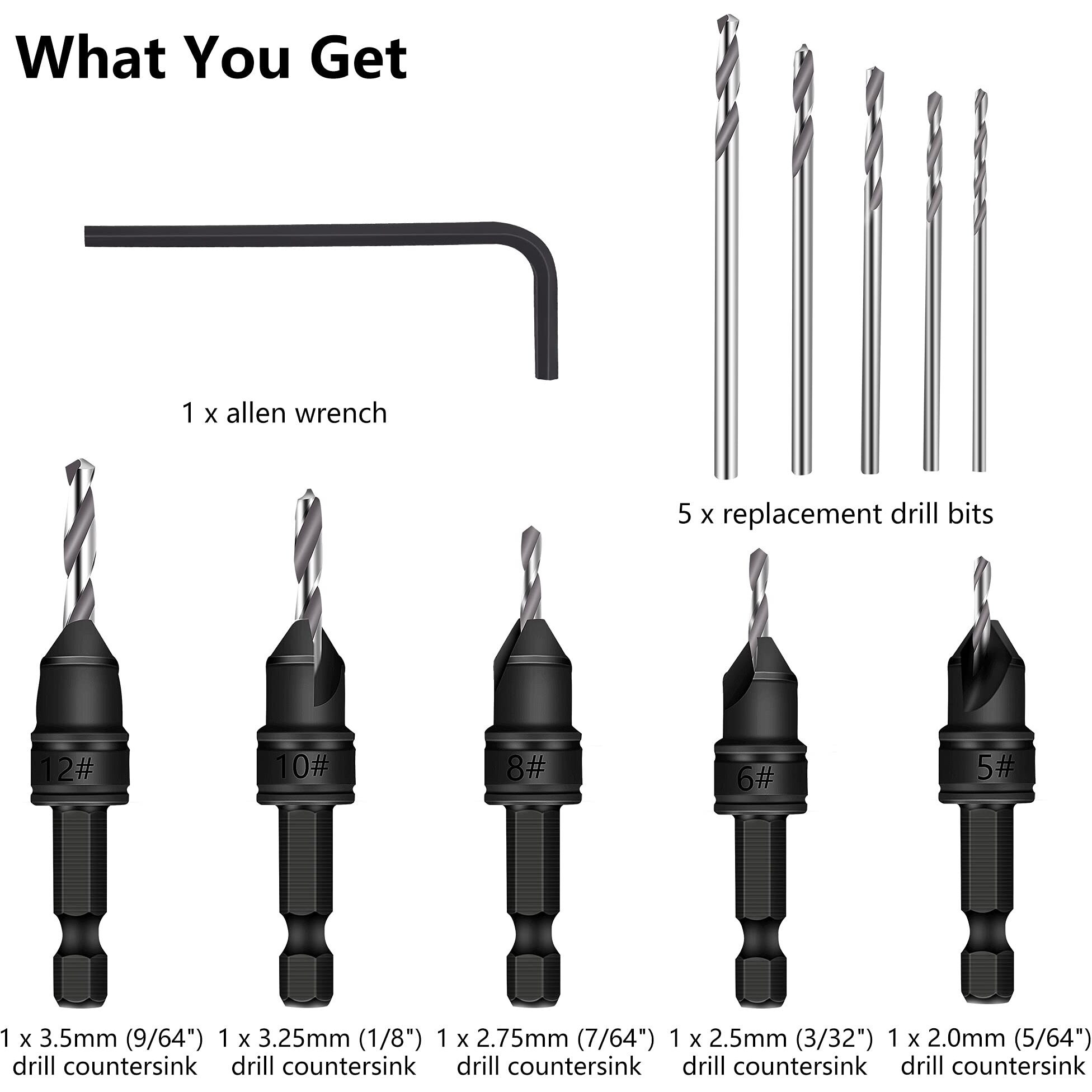 Mulwark 82 Countersink Drill Bit Set Incl. 5Pcs Free Replaceable Hss Drill Bits For Wood|3/8"" Quick-Change -Chamfered Adjustable Drilling Tool Kit On Pilot Counter Sink Holes For Woodworking- 5 Pack