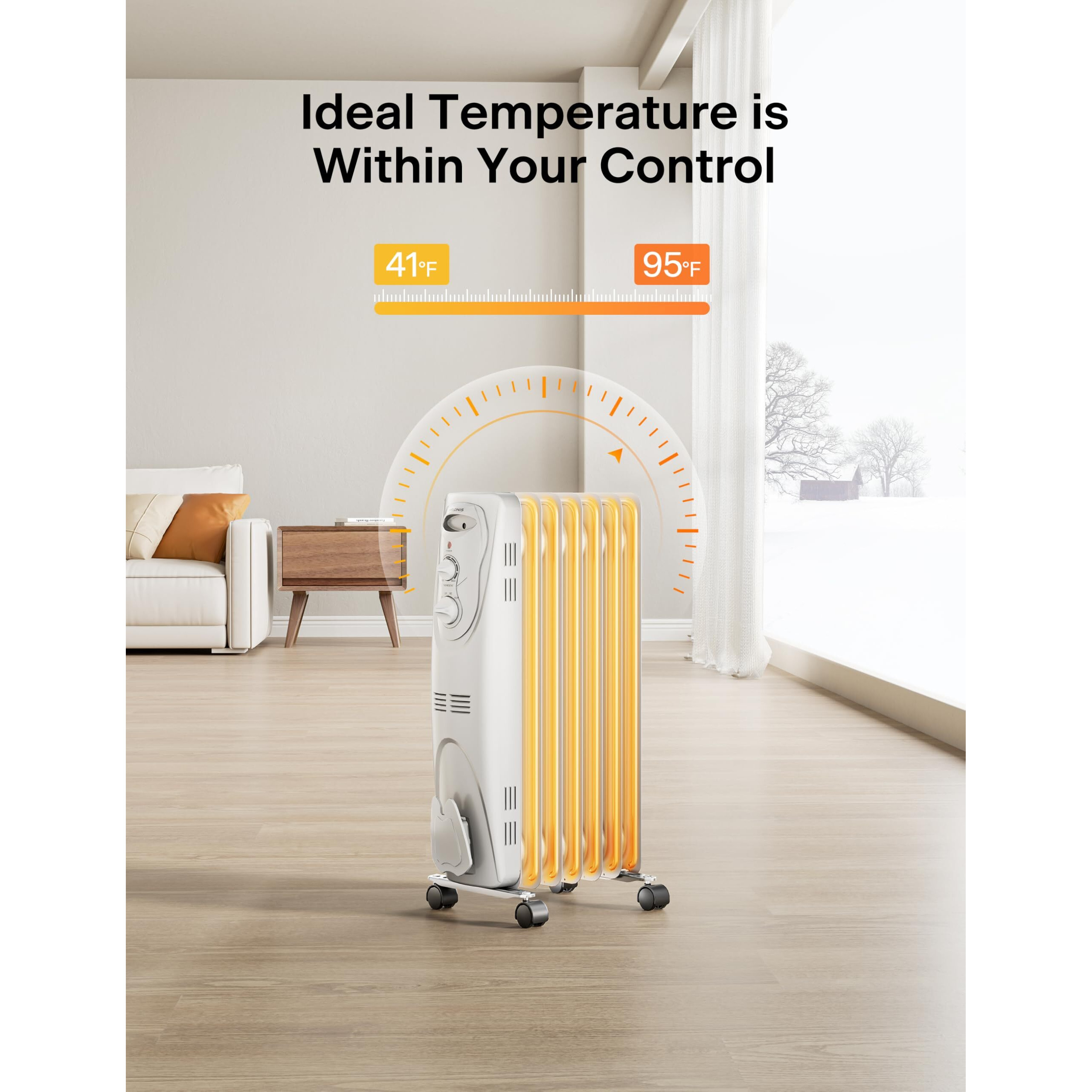 Pelonis Pho15A2Agw, Basic Electric Oil Filled Radiator, 1500W Portable Full Room Radiant Space Heater With Adjustable Thermostat, White, 26.10 X 14.20 X 11.00 In